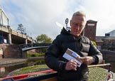 BCN Marathon Challenge 2013: Skipper Charley on board of NB "Felonious Mongoose", at Old Street Junction in the centre of Birmingham, at the start of the BCN Marathon Challenge, opening the sealed envelope with the challenges..
Birmingham Canal Navigation,


United Kingdom,
on 25 May 2013 at 07:59, image #29