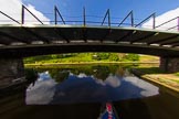 BCN Marathon Challenge 2013: Winson Green Junction Bridge, an old, cast iron bridge with a new, and less attractive, structure attached, seen throuh a wide angle lens, coming from Soho Loop (Winson Green Loop), part of the Old Main Line. In front the New Main Line. In the past the Old Main Line continued on the other side of the New Main Line (the Cape Arm), now,  embankment opposite carries the (water) feeder from Rotton Park Reservoir to the Engine branch..
Birmingham Canal Navigation,


United Kingdom,
on 25 May 2013 at 08:37, image #65