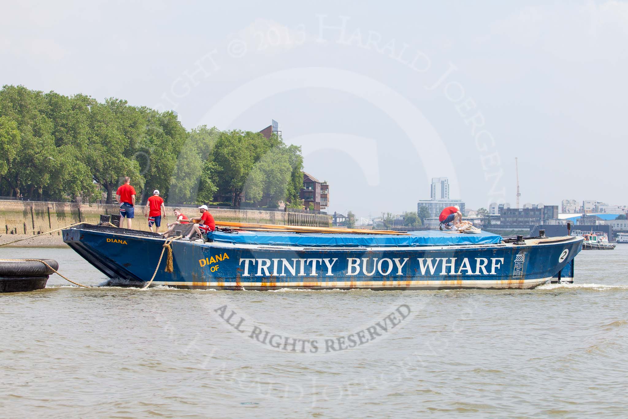 TOW River Thames Barge Driving Race 2013: Barge "Diana", by Trinity Buoy Wharf, before the start of the race..
River Thames between Greenwich and Westminster,
London,

United Kingdom,
on 13 July 2013 at 12:03, image #46