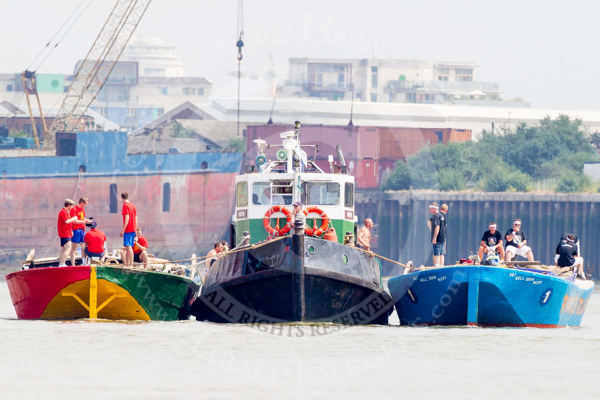 TOW River Thames Barge Driving Race 2013: Barges  "Darren Lacey", by Princess Pocahontas, and "Jane" by the RMT Union, next to tug "Horton", before the start of the race..
River Thames between Greenwich and Westminster,
London,

United Kingdom,
on 13 July 2013 at 12:09, image #49