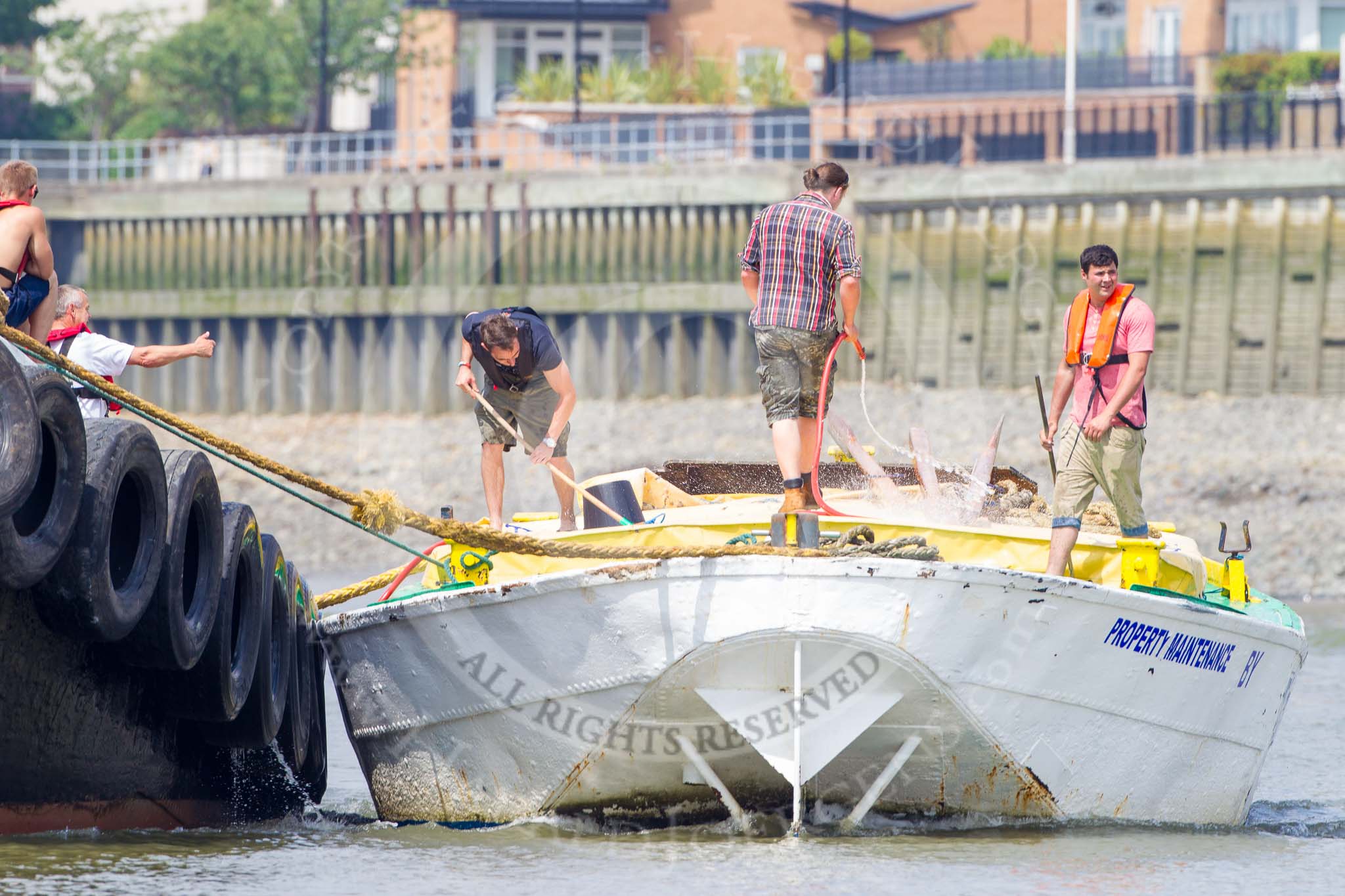 TOW River Thames Barge Driving Race 2013: Preparations for the race on board of barge "Hoppy", by GPS Fabrication, on the way to the start..
River Thames between Greenwich and Westminster,
London,

United Kingdom,
on 13 July 2013 at 12:14, image #54