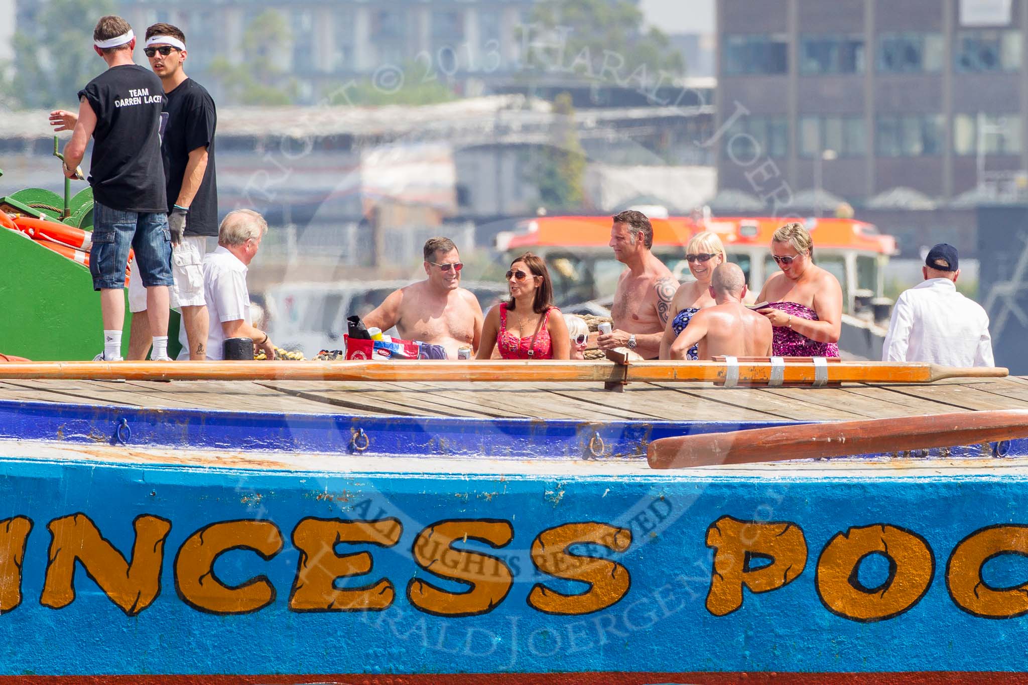 TOW River Thames Barge Driving Race 2013: Spectators on board of tug "Horton" next to barge  "Darren Lacey", by Princess Pocahontas,  before the start of the race..
River Thames between Greenwich and Westminster,
London,

United Kingdom,
on 13 July 2013 at 12:16, image #59