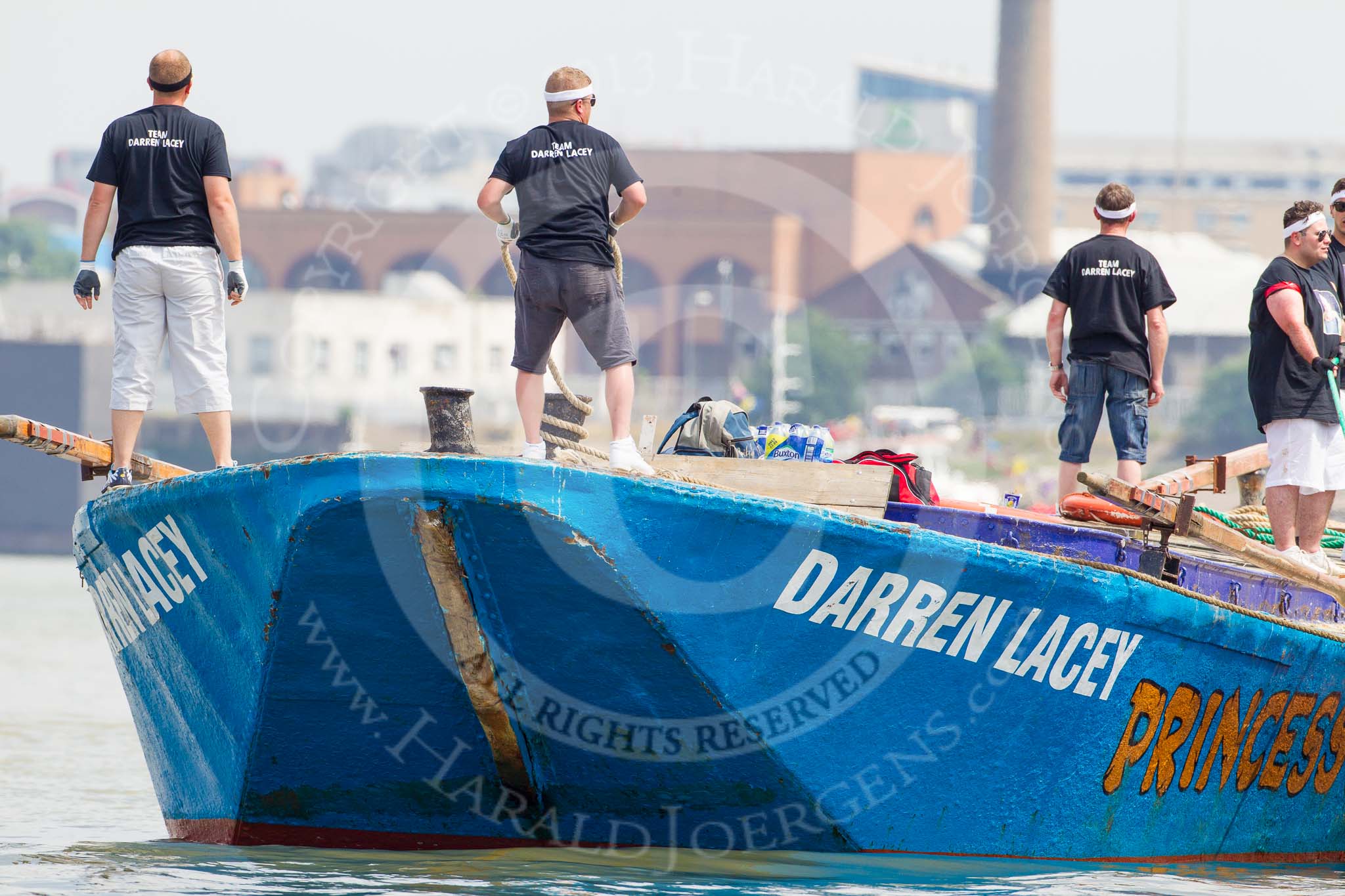 TOW River Thames Barge Driving Race 2013: The crew on board of barge "Darren Lacey", by Princess Pocahontas,, is getting ready for the start of the race..
River Thames between Greenwich and Westminster,
London,

United Kingdom,
on 13 July 2013 at 12:29, image #86