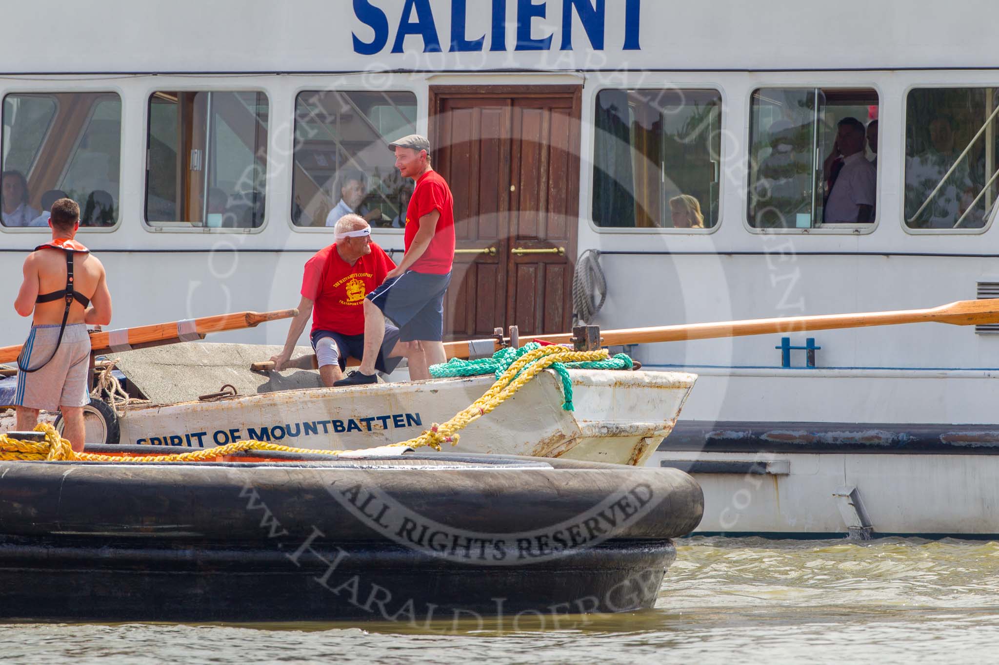 TOW River Thames Barge Driving Race 2013: Barge "Spirit of Mountabatten", by Mechanical Movements and Enabling Services Ltd, before the start of the race. In front GPS Marine tug "Vincia", behind passenger boat "Salieni"..
River Thames between Greenwich and Westminster,
London,

United Kingdom,
on 13 July 2013 at 12:33, image #92