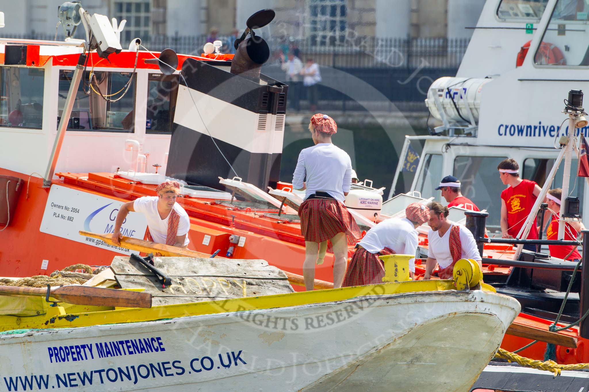 TOW River Thames Barge Driving Race 2013: Barge "Hoppy", by GPS Fabrication. before the start of the race. Behind the GPS Marine tug "Vincia" and barge "Spirit of Mountabatten", by Mechanical Movements and Enabling Services Ltd..
River Thames between Greenwich and Westminster,
London,

United Kingdom,
on 13 July 2013 at 12:33, image #93