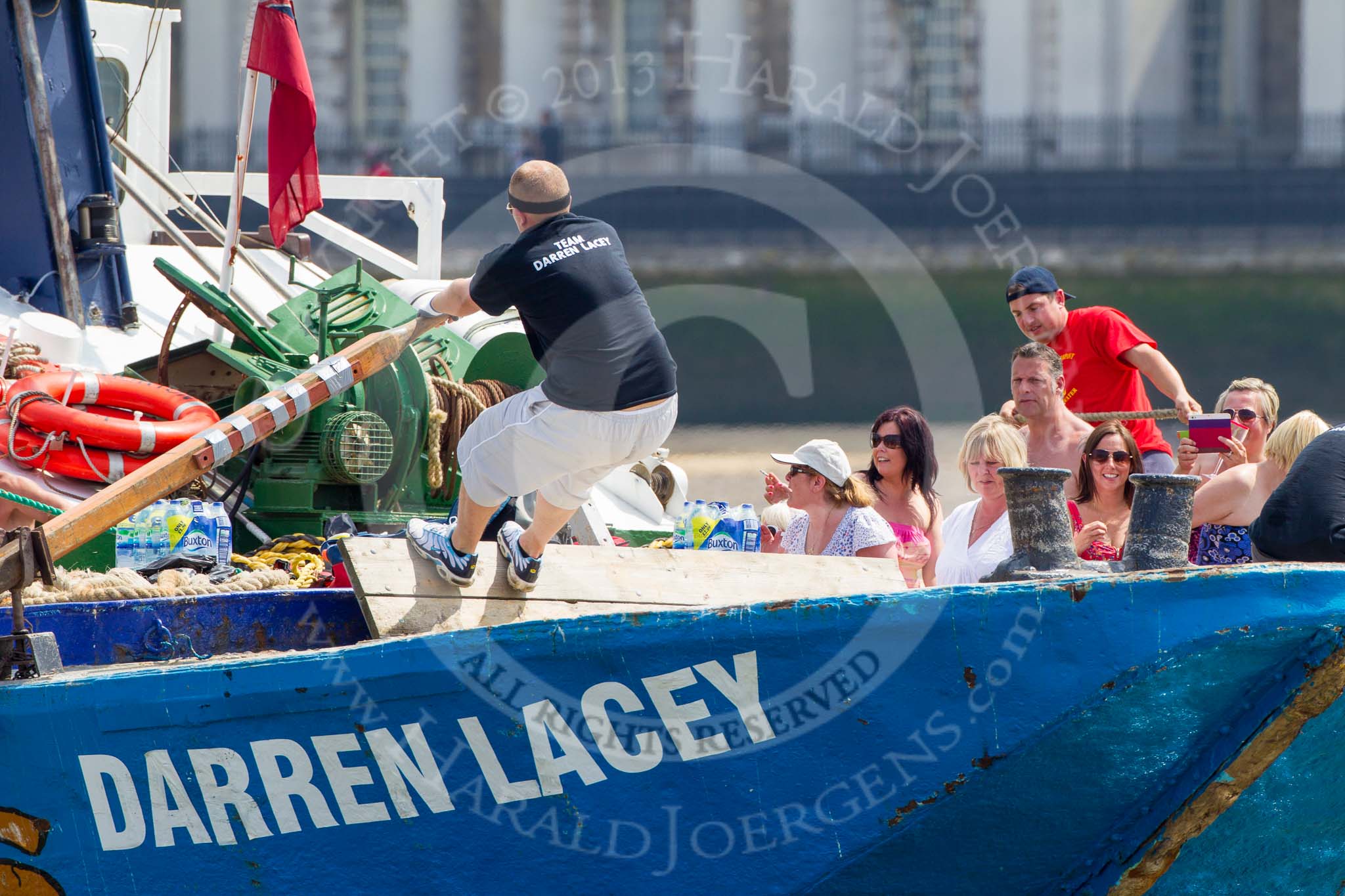 TOW River Thames Barge Driving Race 2013: The race is on - barge "Darren Lacey", by Princess Pocahontas, guests on board of the GPS Marine tug "Vincia" behind..
River Thames between Greenwich and Westminster,
London,

United Kingdom,
on 13 July 2013 at 12:34, image #95