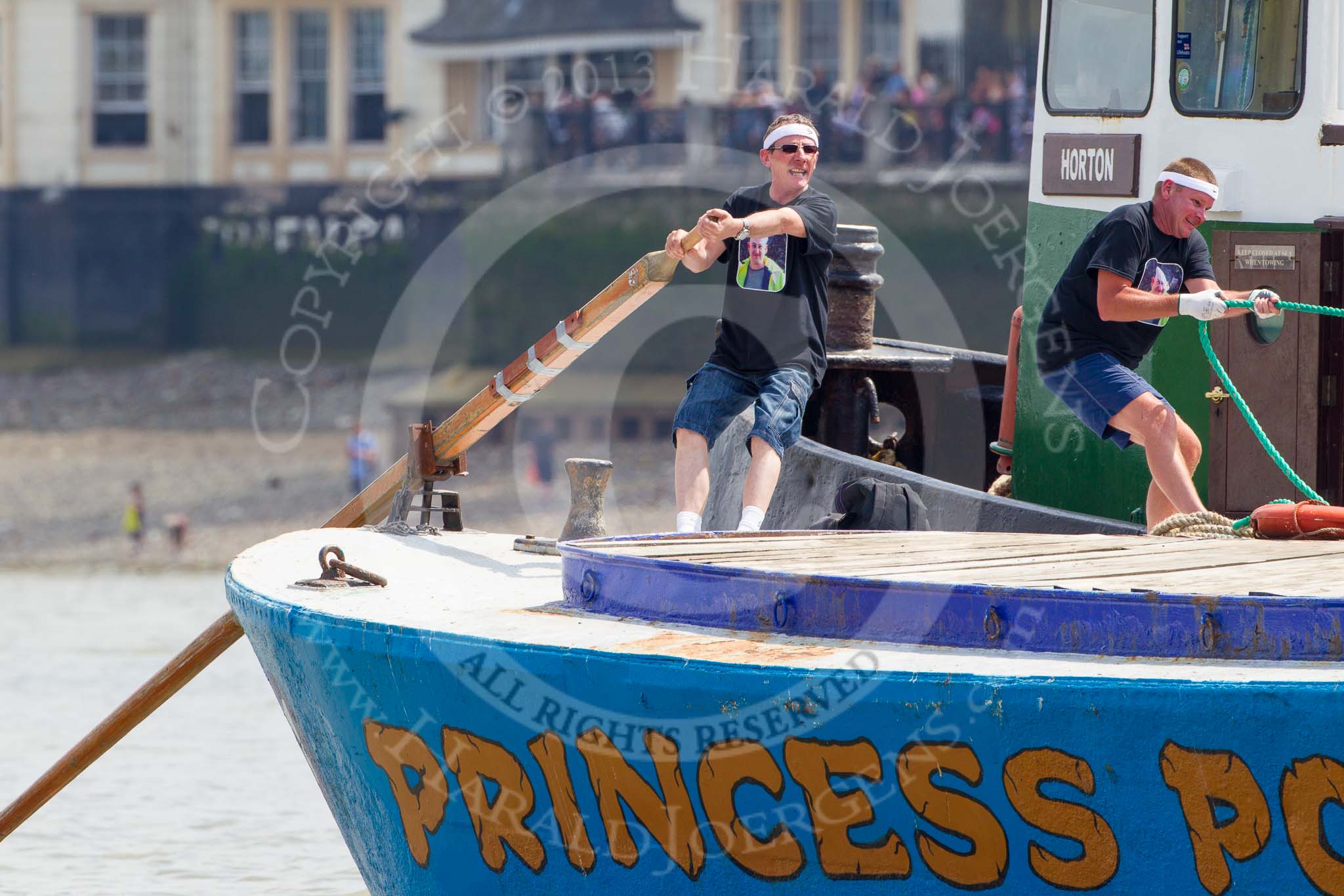 TOW River Thames Barge Driving Race 2013: The race is on - crew member XXX steering barge "Darren Lacey", by Princess Pocahontas..
River Thames between Greenwich and Westminster,
London,

United Kingdom,
on 13 July 2013 at 12:34, image #97
