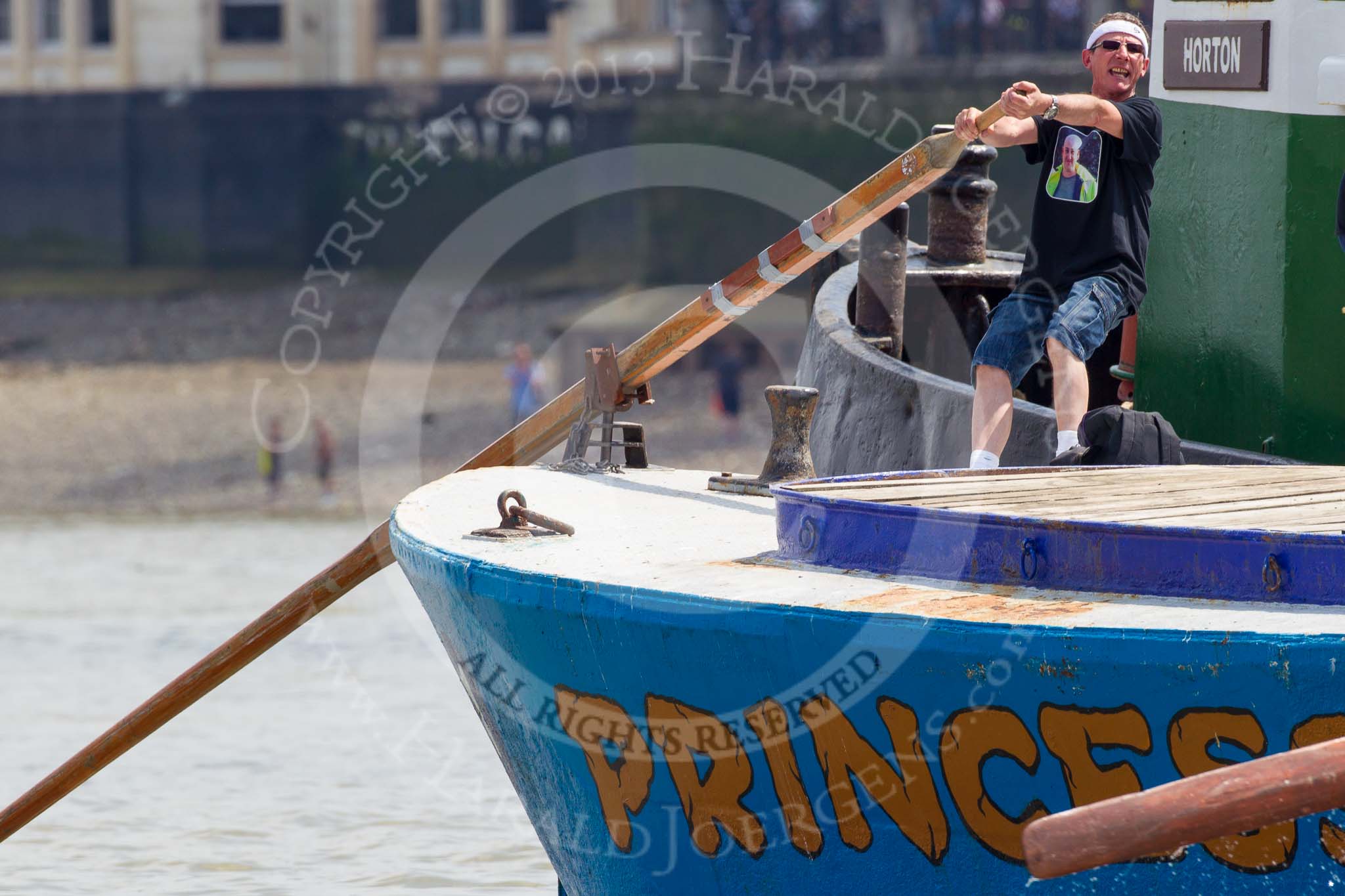 TOW River Thames Barge Driving Race 2013: The race is on - crew member XXX steering barge "Darren Lacey", by Princess Pocahontas..
River Thames between Greenwich and Westminster,
London,

United Kingdom,
on 13 July 2013 at 12:34, image #98