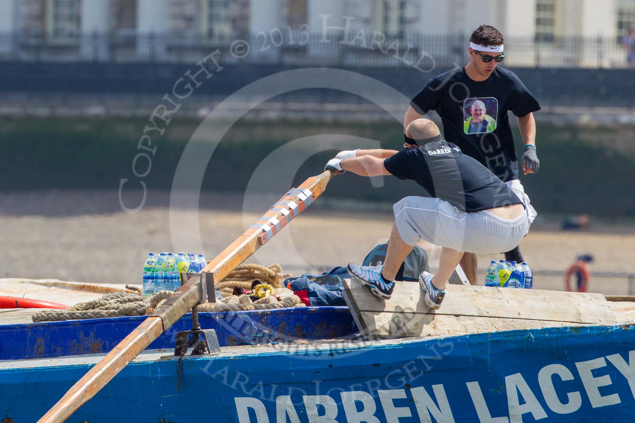 TOW River Thames Barge Driving Race 2013: The race is on - barge "Darren Lacey", by Princess Pocahontas, is pulled away from tug "Vincia"..
River Thames between Greenwich and Westminster,
London,

United Kingdom,
on 13 July 2013 at 12:34, image #99