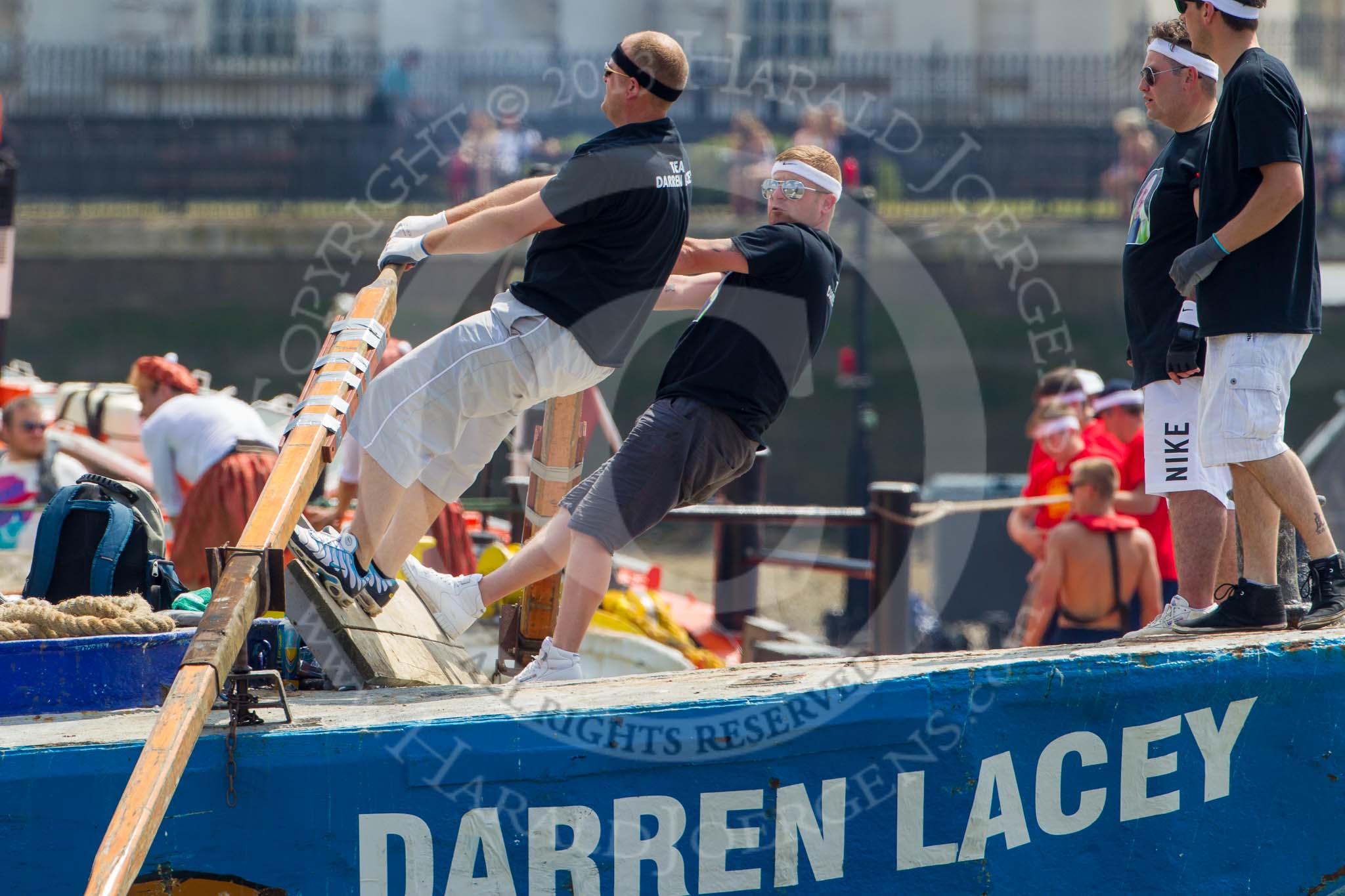 TOW River Thames Barge Driving Race 2013: The race is on - barge "Darren Lacey", by Princess Pocahontas, is pulled away from tug "Vincia". In the background the crew of barge "Hoppy", by GPS Fabrication..
River Thames between Greenwich and Westminster,
London,

United Kingdom,
on 13 July 2013 at 12:34, image #101