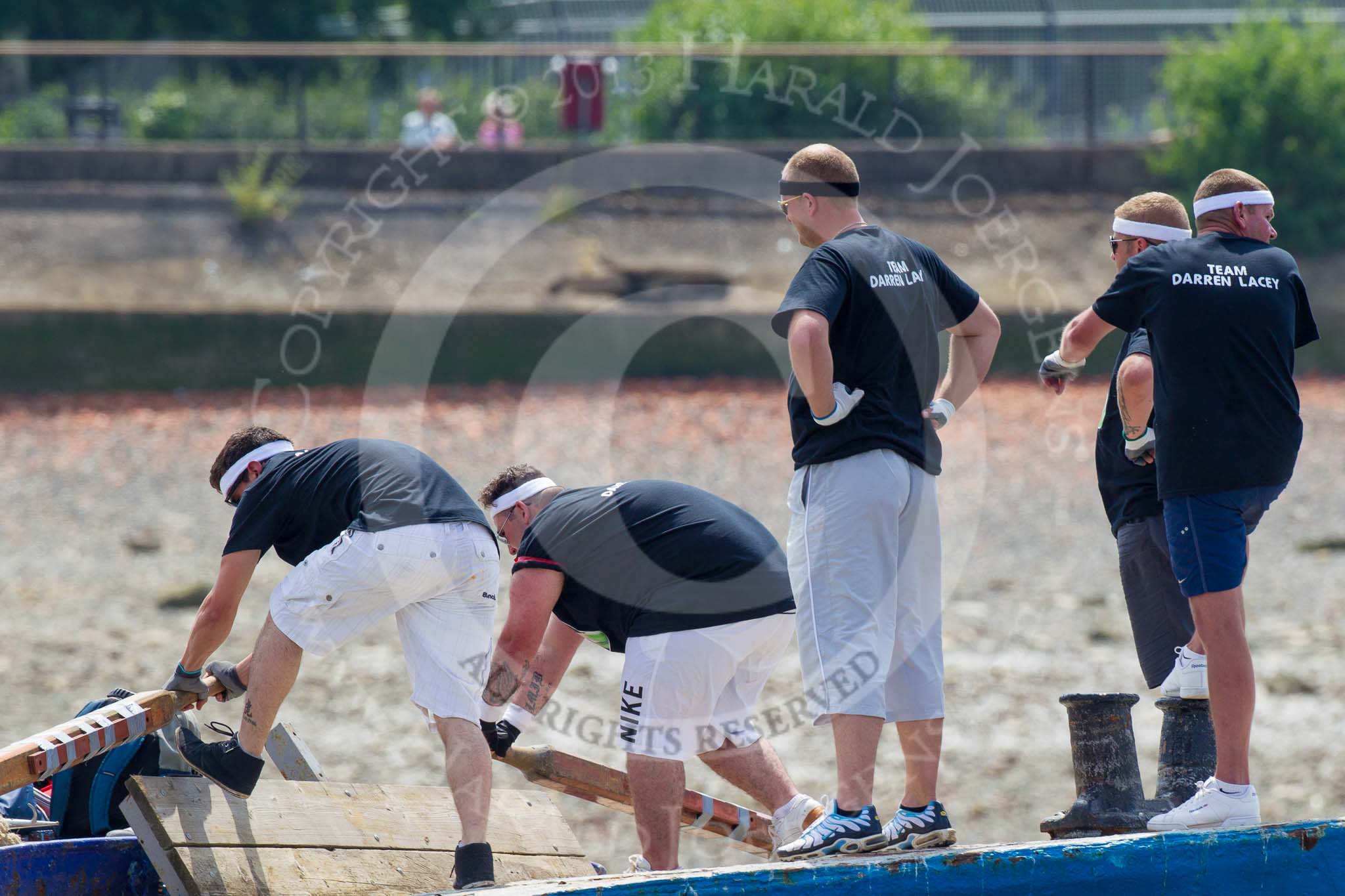 TOW River Thames Barge Driving Race 2013: Rowers on the deck of of barge "Darren Lacey", by Princess Pocahontas, during the race..
River Thames between Greenwich and Westminster,
London,

United Kingdom,
on 13 July 2013 at 12:37, image #133