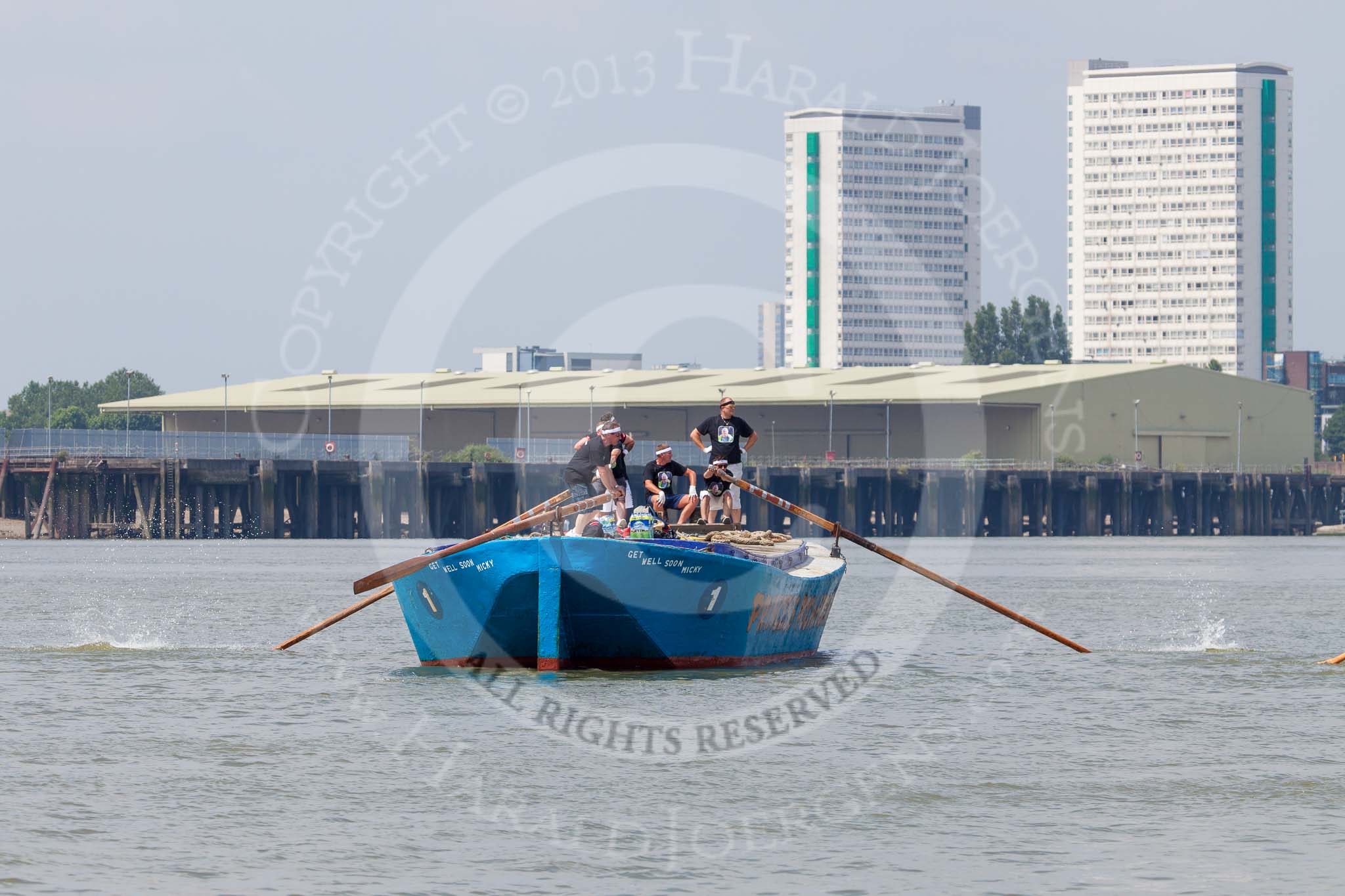 TOW River Thames Barge Driving Race 2013: Rear view of barge "Darren Lacey", by Princess Pocahontas, during the race..
River Thames between Greenwich and Westminster,
London,

United Kingdom,
on 13 July 2013 at 12:40, image #161