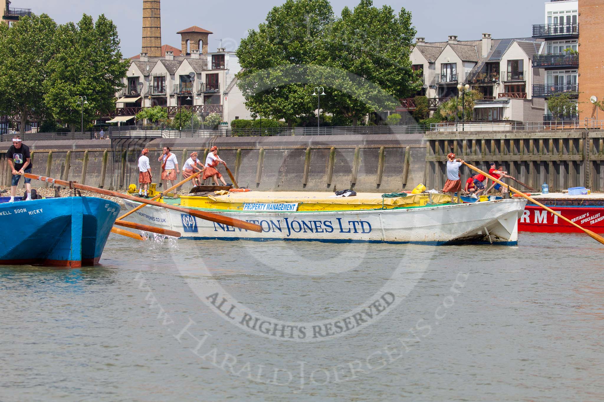 TOW River Thames Barge Driving Race 2013: Three barges abreast - from left "Darren Lacey", by Princess Pocahontas, "Spirit of Mountabatten", by Mechanical Movements and Enabling Services Ltd, and "Hoppy", by GPS Fabrication..
River Thames between Greenwich and Westminster,
London,

United Kingdom,
on 13 July 2013 at 12:42, image #183