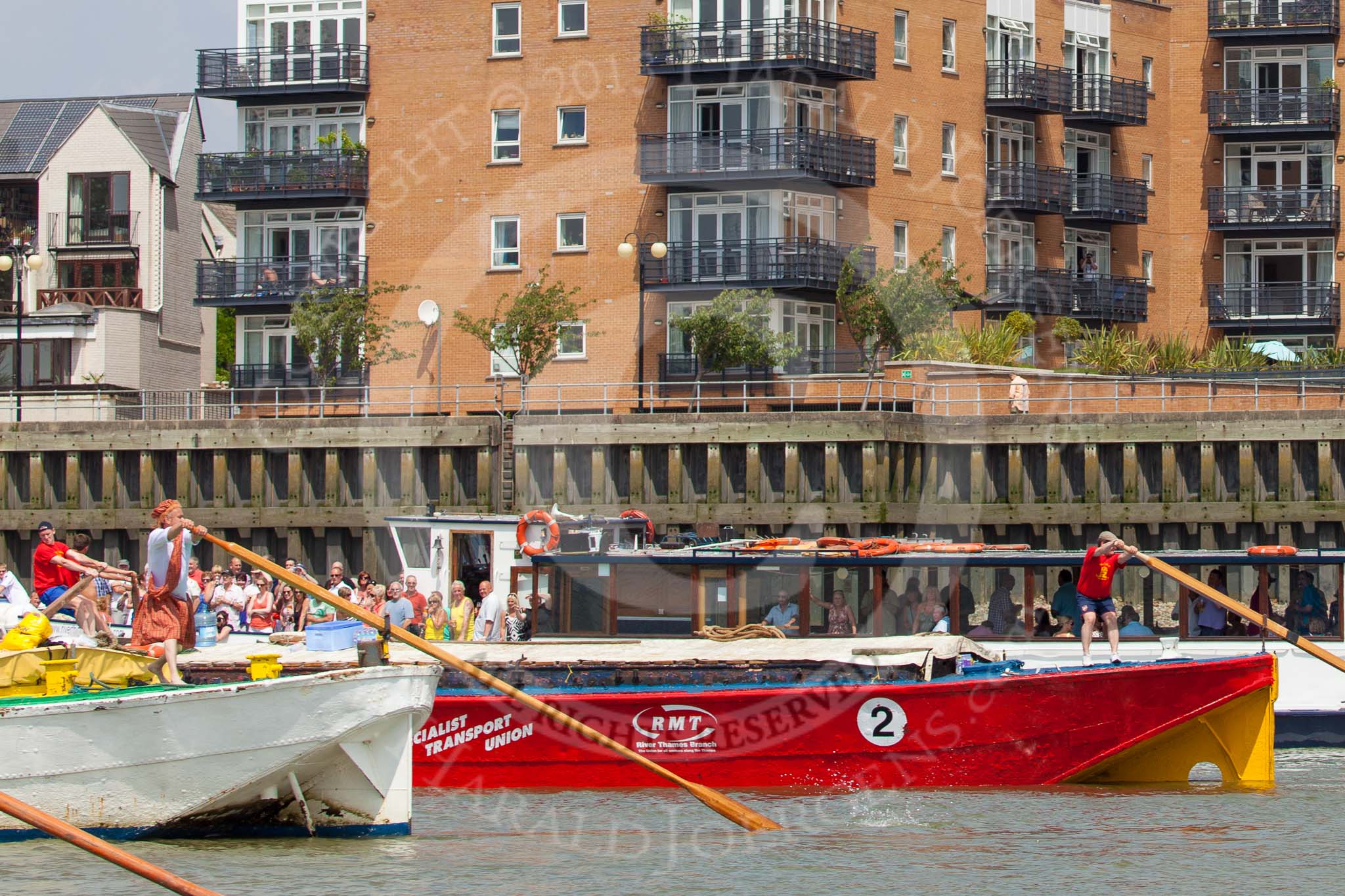 TOW River Thames Barge Driving Race 2013: Barge "Hoppy", by GPS Fabrication. Behind Hoppy is barge "Jane", by the RMT Union..
River Thames between Greenwich and Westminster,
London,

United Kingdom,
on 13 July 2013 at 12:42, image #185