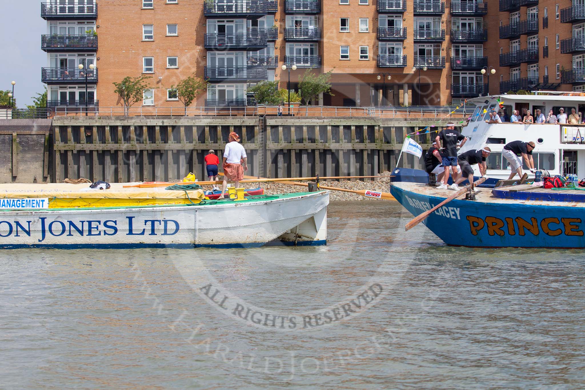 TOW River Thames Barge Driving Race 2013: Three barges together - in front "Hoppy", by GPS Fabrication, behind  barge "Jane", by the RMT Union, following, and on the right, barge "Darren Lacey", by Princess Pocahonta..
River Thames between Greenwich and Westminster,
London,

United Kingdom,
on 13 July 2013 at 12:43, image #189