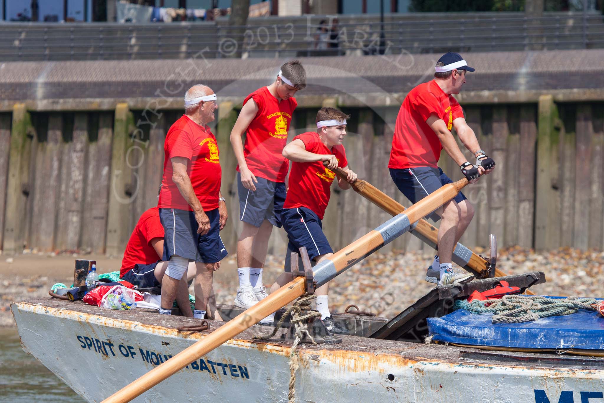 TOW River Thames Barge Driving Race 2013: Rowers on the deck of of barge "Spirit of Mountabatten", by Mechanical Movements and Enabling Services Ltd..
River Thames between Greenwich and Westminster,
London,

United Kingdom,
on 13 July 2013 at 12:43, image #190