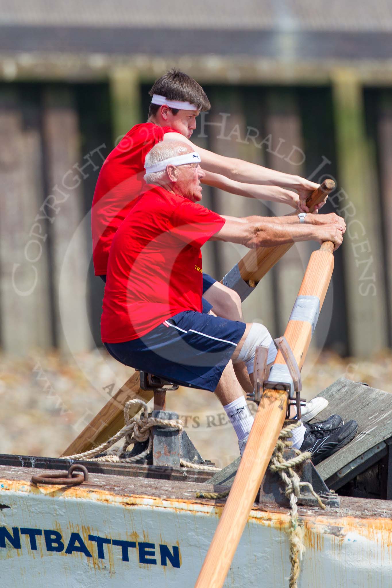 TOW River Thames Barge Driving Race 2013: Rowers on the deck of of barge "Spirit of Mountabatten", by Mechanical Movements and Enabling Services Ltd..
River Thames between Greenwich and Westminster,
London,

United Kingdom,
on 13 July 2013 at 12:44, image #193