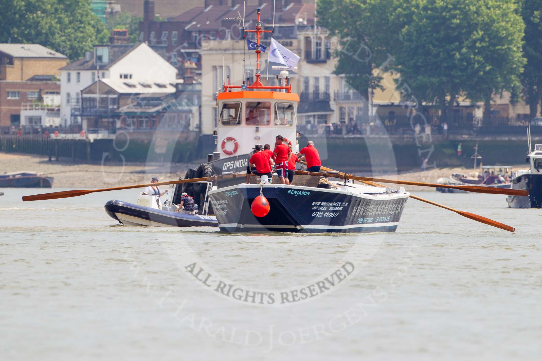 TOW River Thames Barge Driving Race 2013: Barge "Benjamin", by London Party Boats, followed by GPS Marine tug "GPS India"..
River Thames between Greenwich and Westminster,
London,

United Kingdom,
on 13 July 2013 at 12:45, image #195