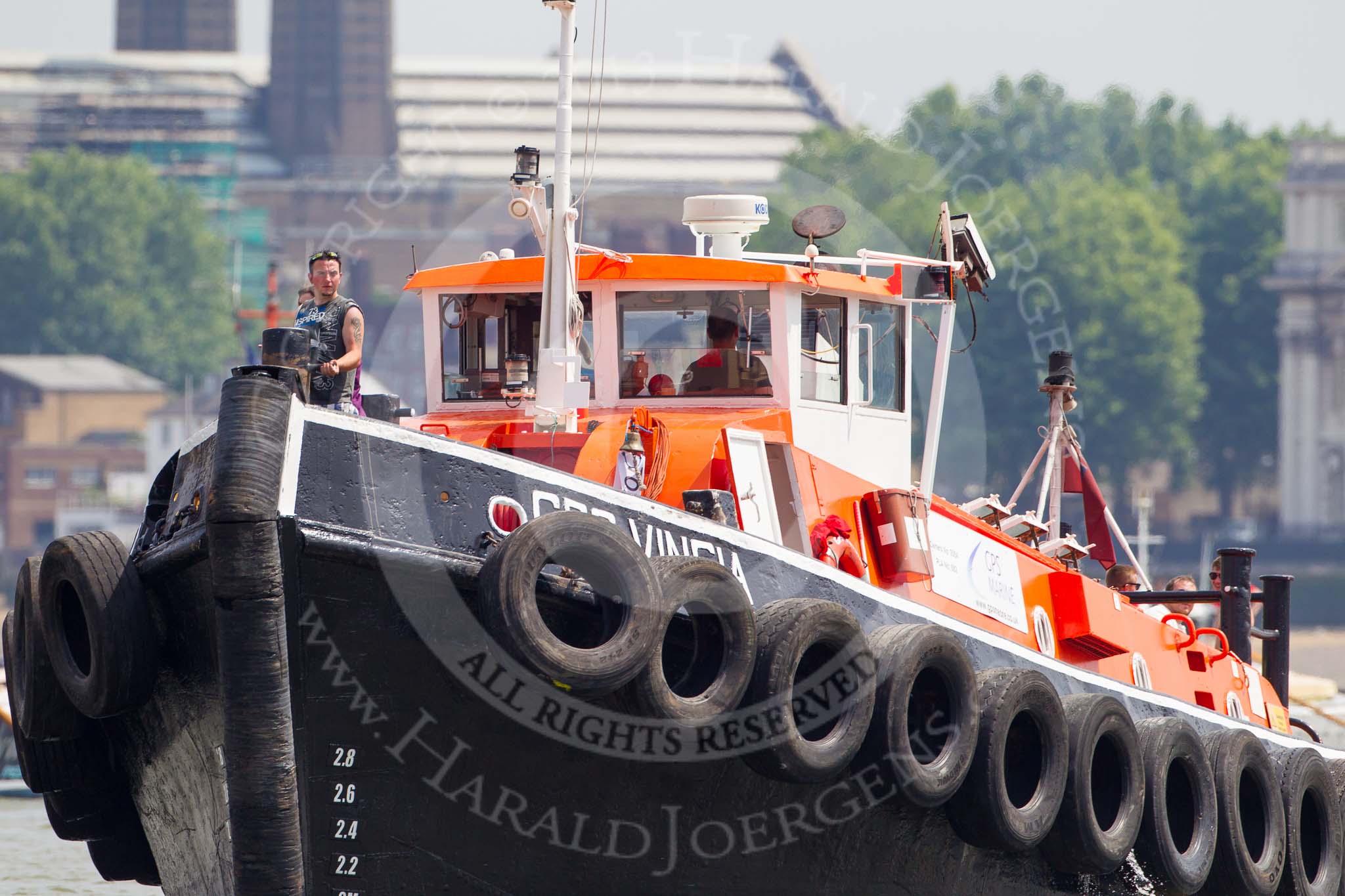 TOW River Thames Barge Driving Race 2013: The bow of GPS Marine tug "GPS Vincia" at close distance..
River Thames between Greenwich and Westminster,
London,

United Kingdom,
on 13 July 2013 at 12:45, image #198