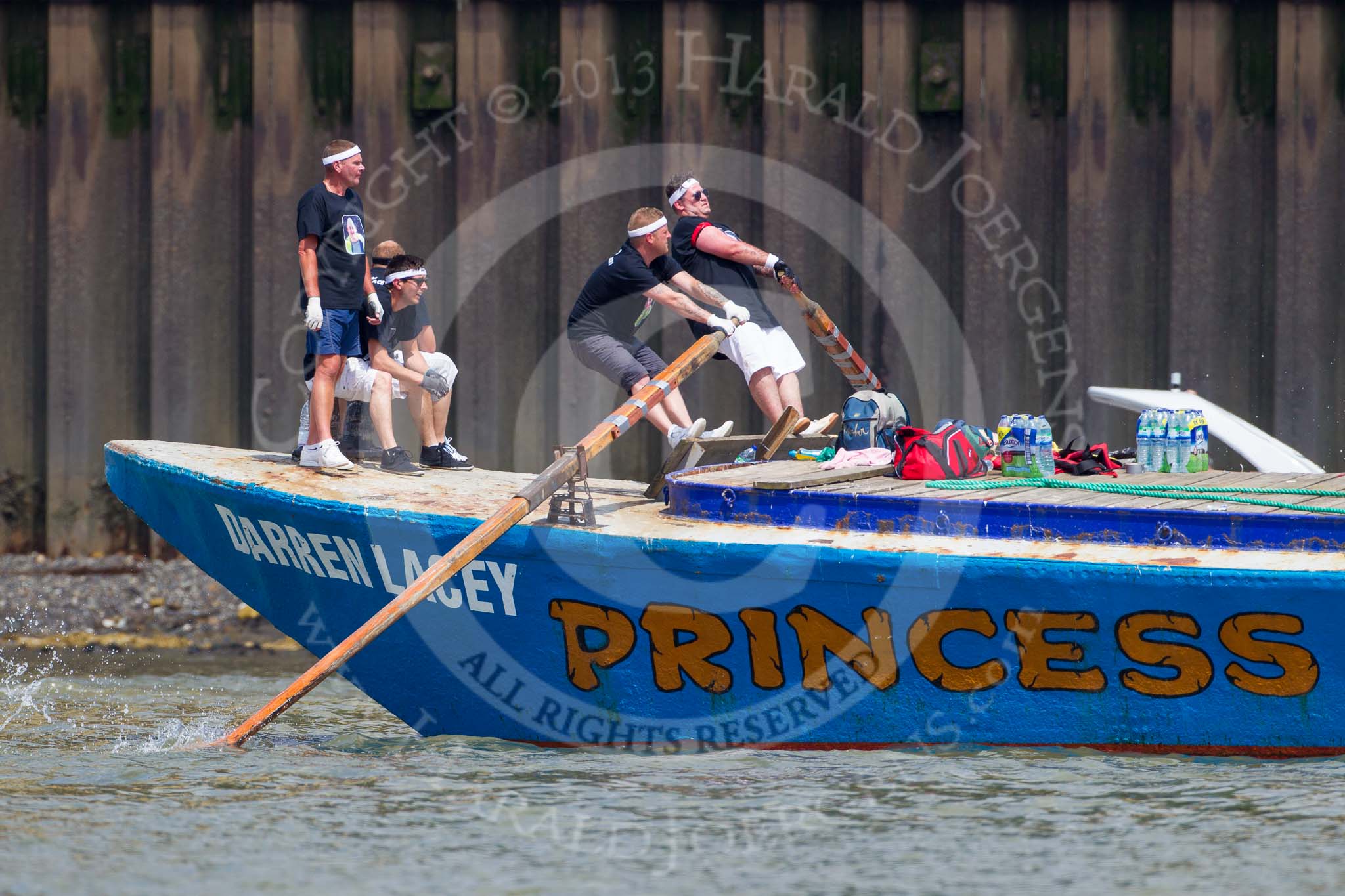 TOW River Thames Barge Driving Race 2013: Rowers at the bow of barge "Darren Lacey", by Princess Pocahontas, during the race..
River Thames between Greenwich and Westminster,
London,

United Kingdom,
on 13 July 2013 at 12:46, image #202