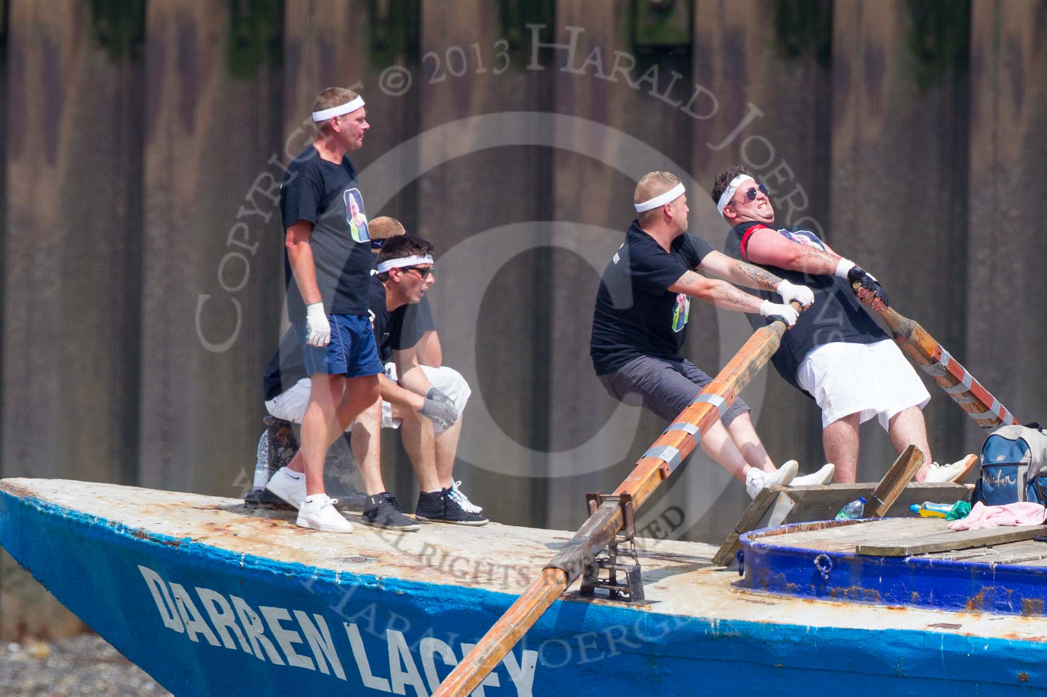 TOW River Thames Barge Driving Race 2013: Rowers at the bow of barge "Darren Lacey", by Princess Pocahontas, during the race..
River Thames between Greenwich and Westminster,
London,

United Kingdom,
on 13 July 2013 at 12:46, image #203