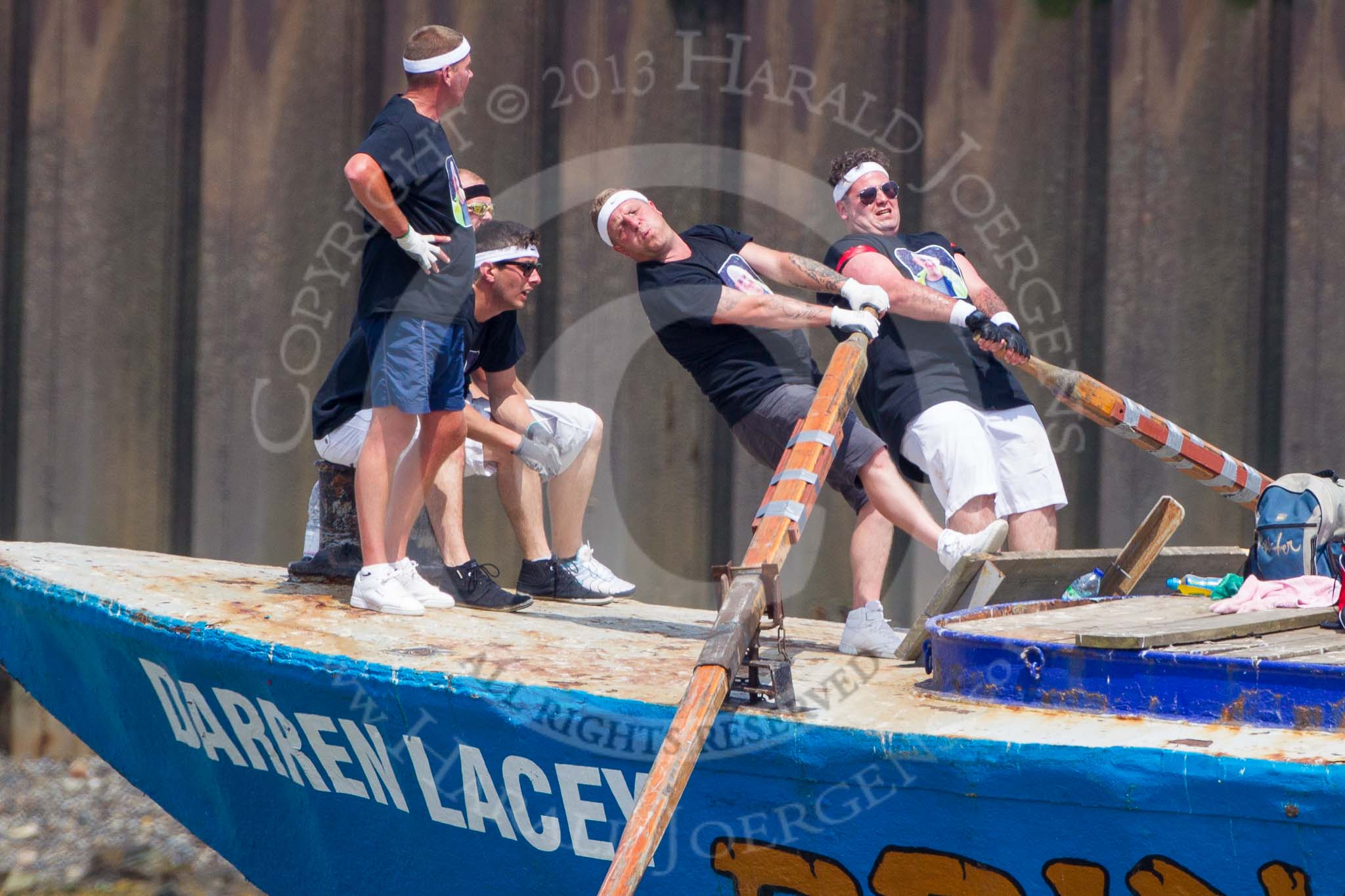 TOW River Thames Barge Driving Race 2013: Rowers at the bow of barge "Darren Lacey", by Princess Pocahontas, during the race..
River Thames between Greenwich and Westminster,
London,

United Kingdom,
on 13 July 2013 at 12:46, image #204