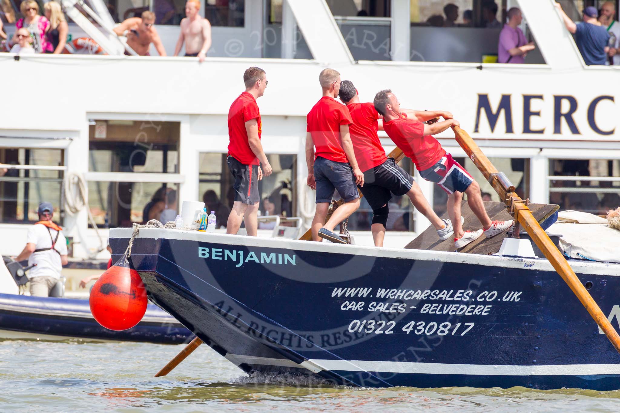 TOW River Thames Barge Driving Race 2013: Rowers working hard on board of barge "Benjamin", by London Party Boats. In the background pleasure boat "Mercia"..
River Thames between Greenwich and Westminster,
London,

United Kingdom,
on 13 July 2013 at 12:47, image #206