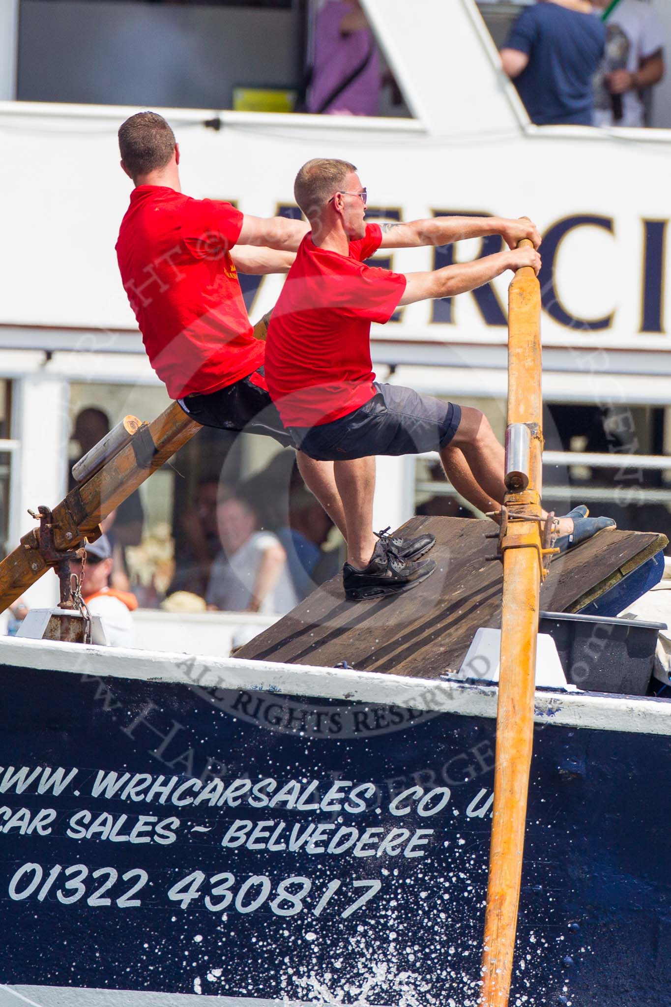 TOW River Thames Barge Driving Race 2013: Rowers working hard on board of barge "Benjamin", by London Party Boats. In the background pleasure boat "Mercia"..
River Thames between Greenwich and Westminster,
London,

United Kingdom,
on 13 July 2013 at 12:47, image #210