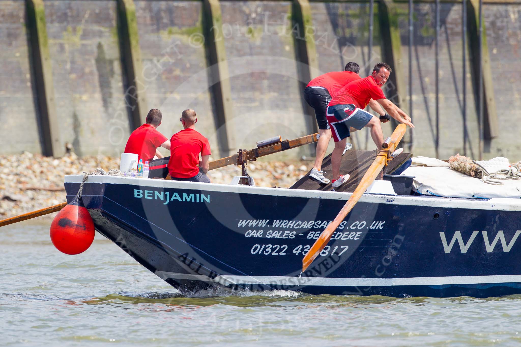 TOW River Thames Barge Driving Race 2013: Rowers working hard on board of barge "Benjamin", by London Party Boats..
River Thames between Greenwich and Westminster,
London,

United Kingdom,
on 13 July 2013 at 12:47, image #212