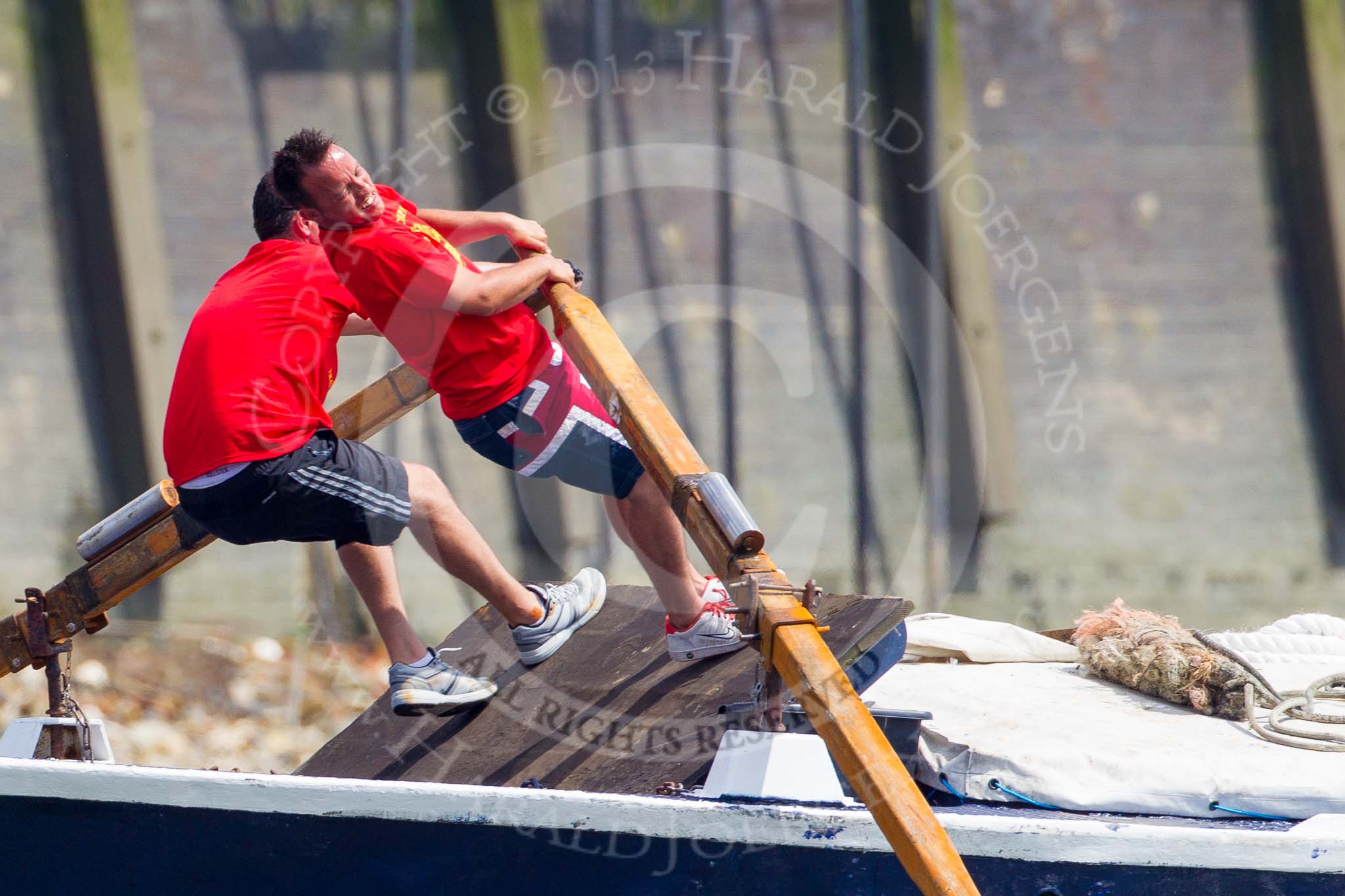 TOW River Thames Barge Driving Race 2013: Rowers working hard on board of barge "Benjamin", by London Party Boats..
River Thames between Greenwich and Westminster,
London,

United Kingdom,
on 13 July 2013 at 12:47, image #213