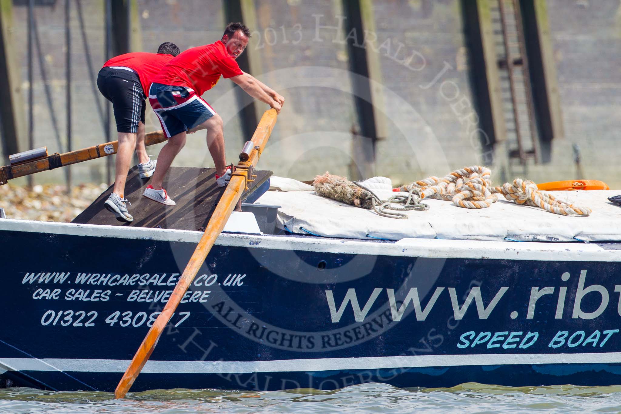 TOW River Thames Barge Driving Race 2013: Rowers working hard on board of barge "Benjamin", by London Party Boats..
River Thames between Greenwich and Westminster,
London,

United Kingdom,
on 13 July 2013 at 12:47, image #214