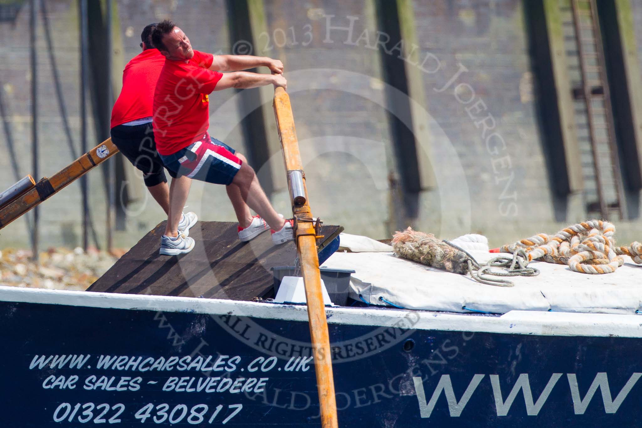 TOW River Thames Barge Driving Race 2013: Rowers working hard on board of barge "Benjamin", by London Party Boats..
River Thames between Greenwich and Westminster,
London,

United Kingdom,
on 13 July 2013 at 12:47, image #215