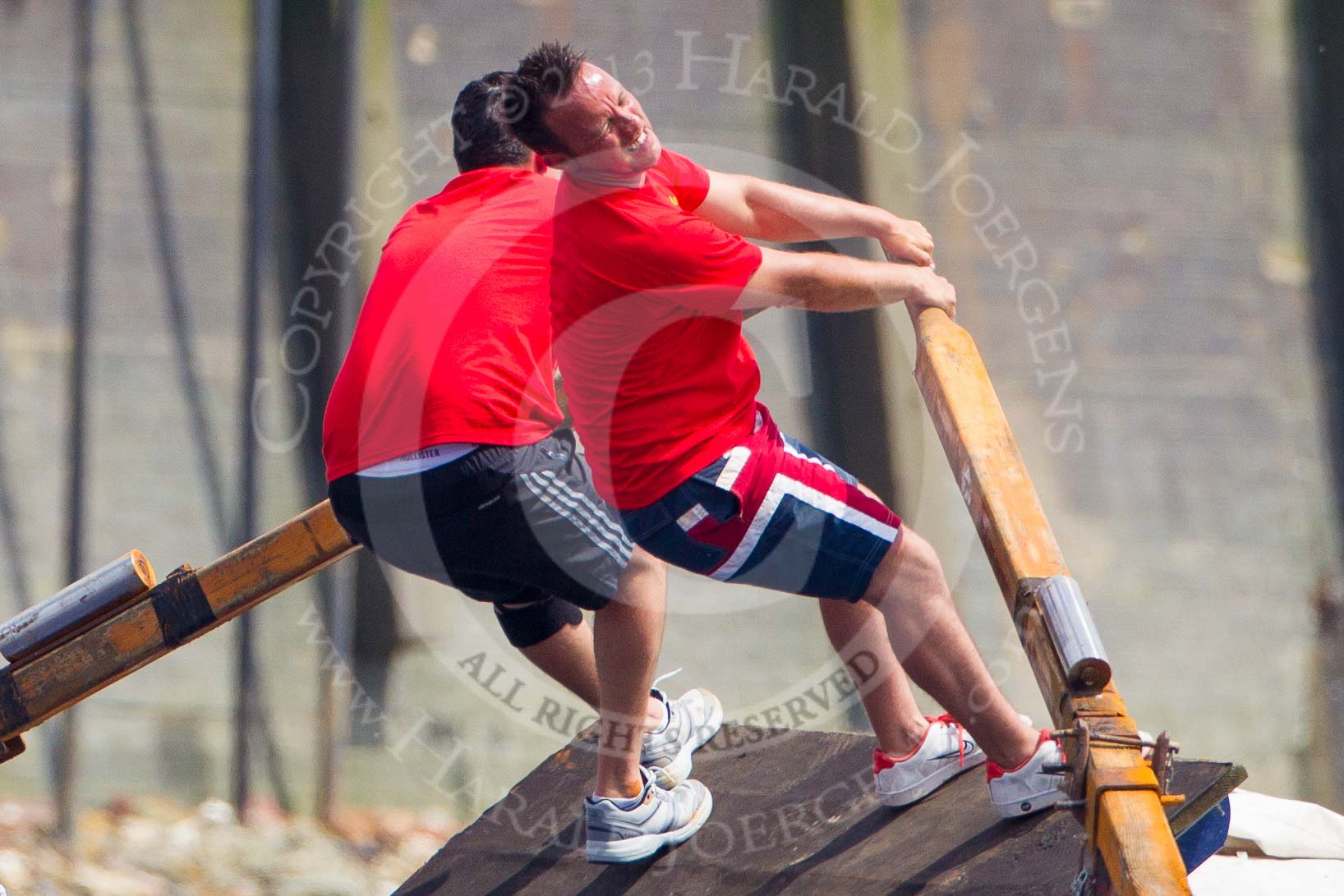 TOW River Thames Barge Driving Race 2013: Rowers working hard on board of barge "Benjamin", by London Party Boats..
River Thames between Greenwich and Westminster,
London,

United Kingdom,
on 13 July 2013 at 12:47, image #216