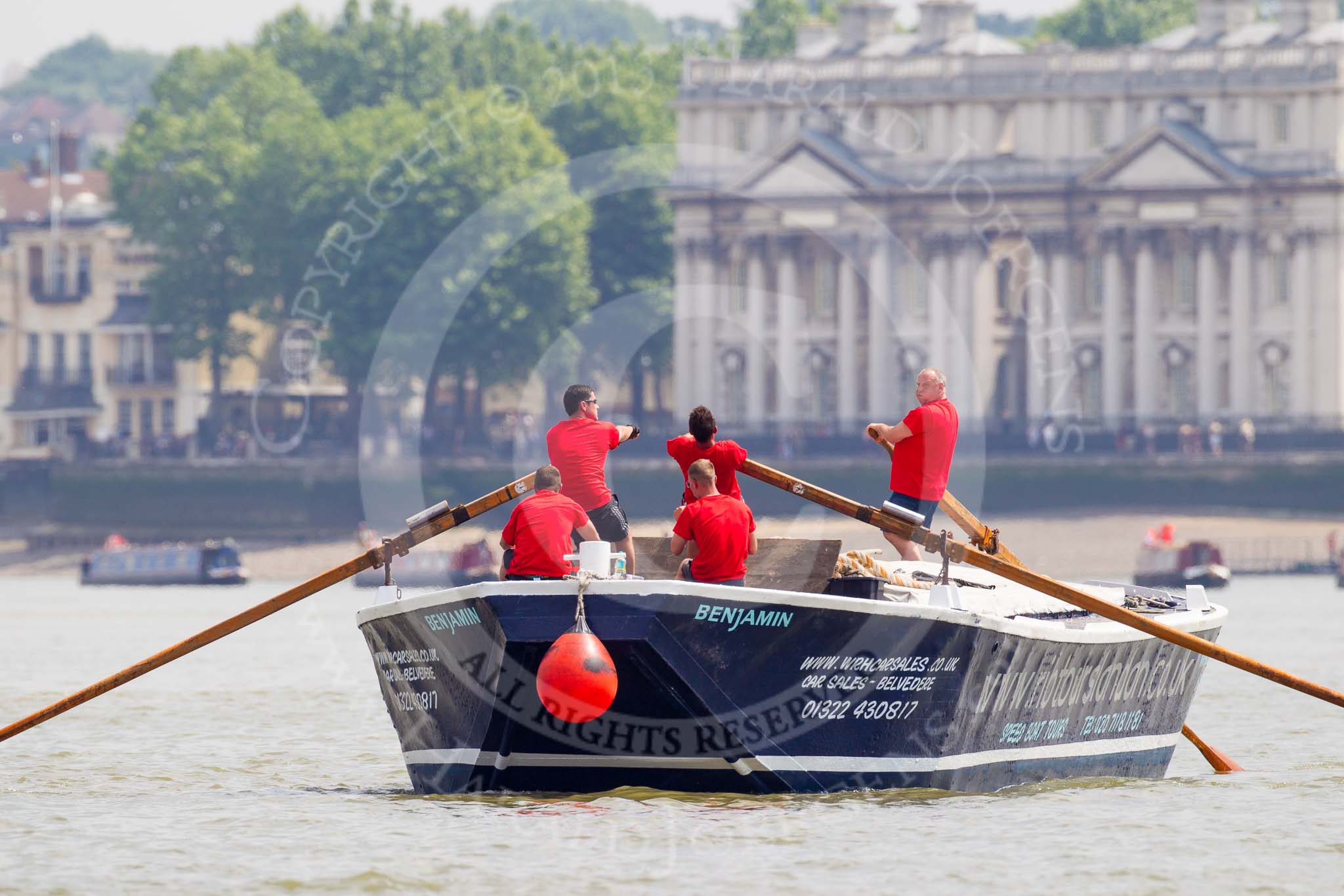 TOW River Thames Barge Driving Race 2013: Barge "Benjamin", by London Party Boats. In the background a flotilla of narrowboats..
River Thames between Greenwich and Westminster,
London,

United Kingdom,
on 13 July 2013 at 12:48, image #223