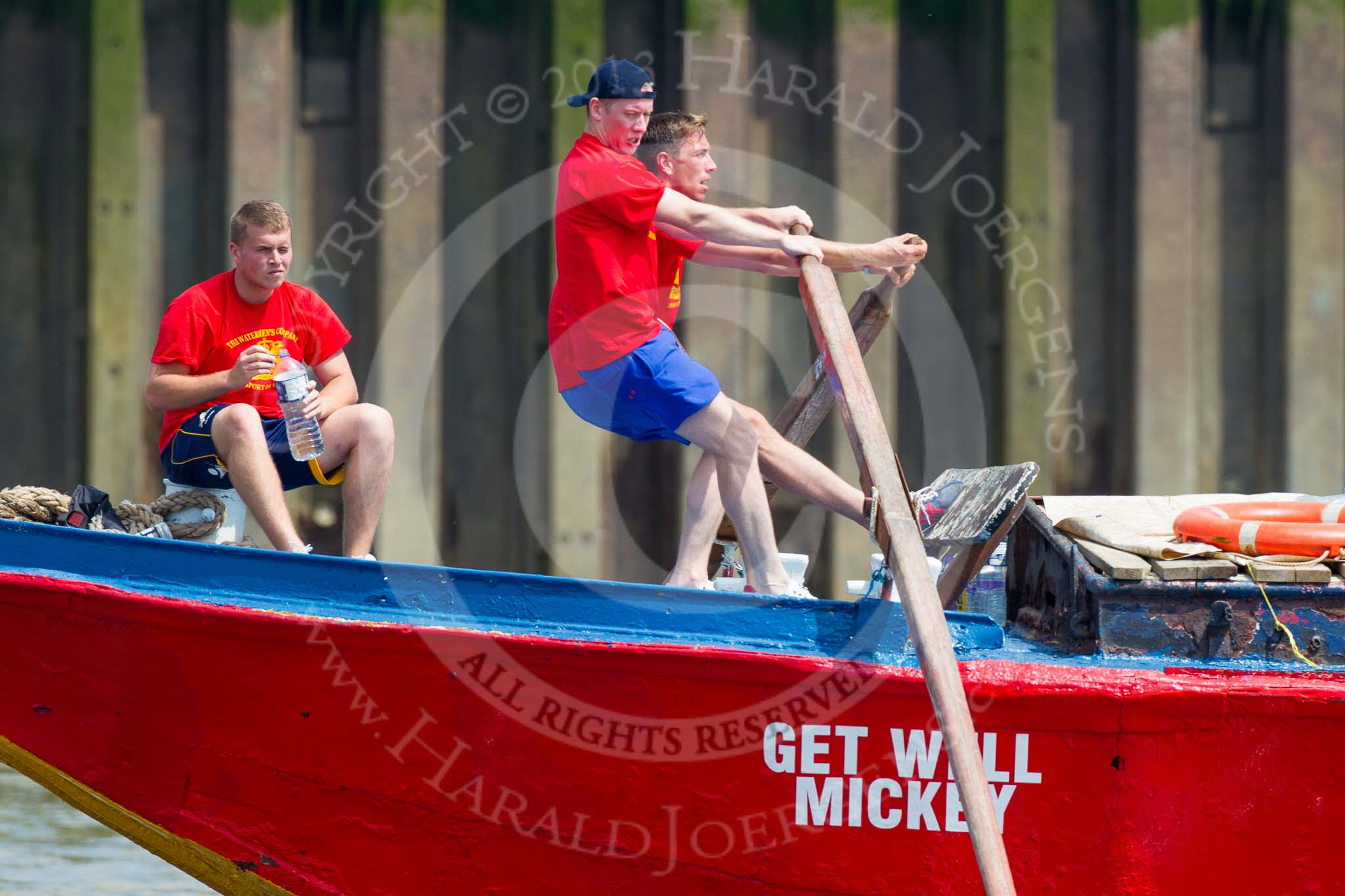 TOW River Thames Barge Driving Race 2013: Rowers on barge barge "Jane", by the RMT Union..
River Thames between Greenwich and Westminster,
London,

United Kingdom,
on 13 July 2013 at 12:48, image #224