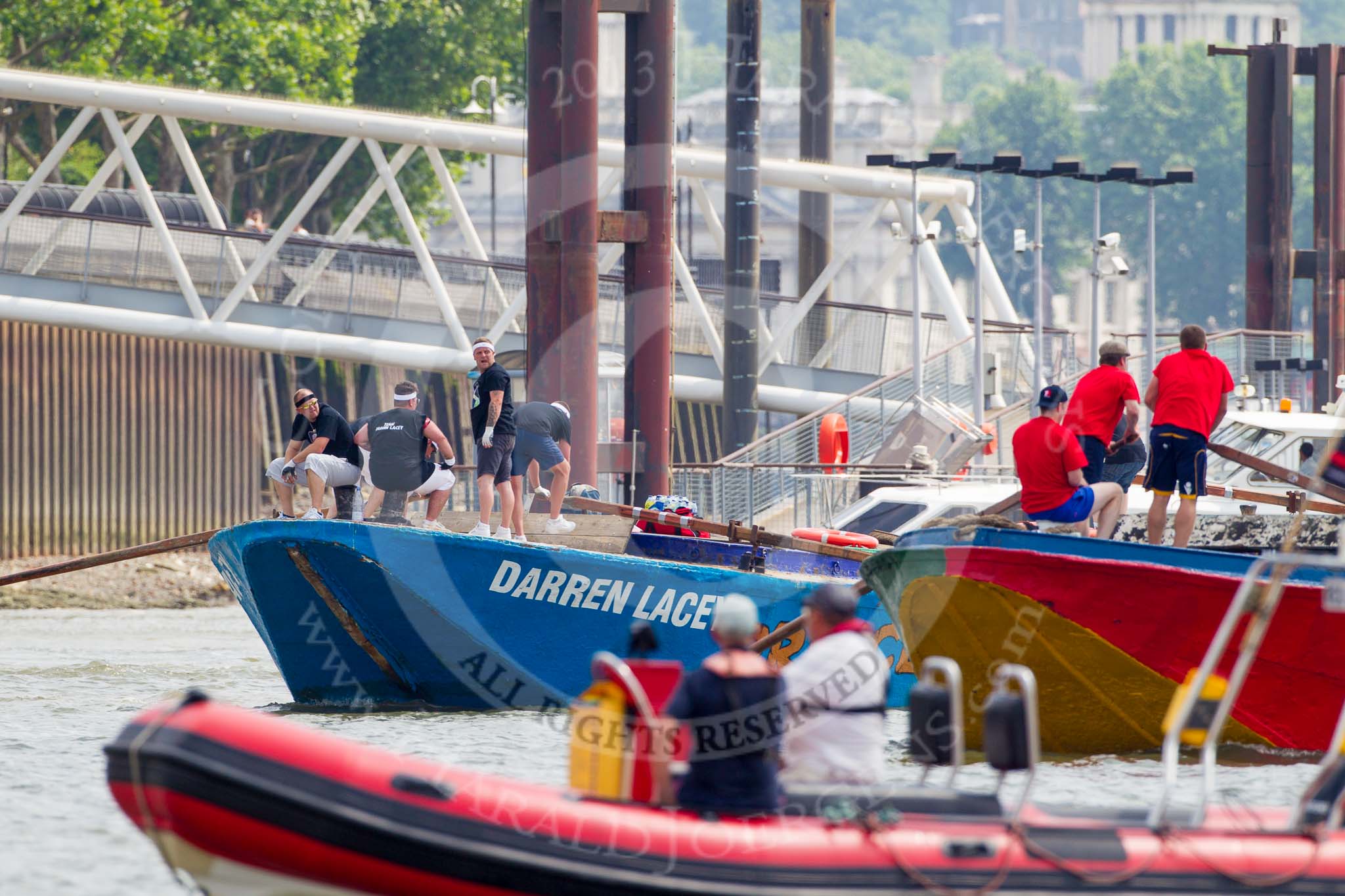 TOW River Thames Barge Driving Race 2013: Barge "Darren Lacey", by Princess Pocahontas, and barge "Jane", by the RMT Union, together before the start of the race..
River Thames between Greenwich and Westminster,
London,

United Kingdom,
on 13 July 2013 at 12:50, image #229