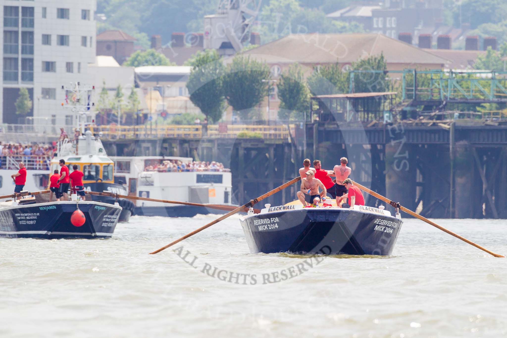 TOW River Thames Barge Driving Race 2013: Barge "Blackwall", by the Port of London Authority. On the left barge "Benjamin", by London Party Boats..
River Thames between Greenwich and Westminster,
London,

United Kingdom,
on 13 July 2013 at 12:51, image #236