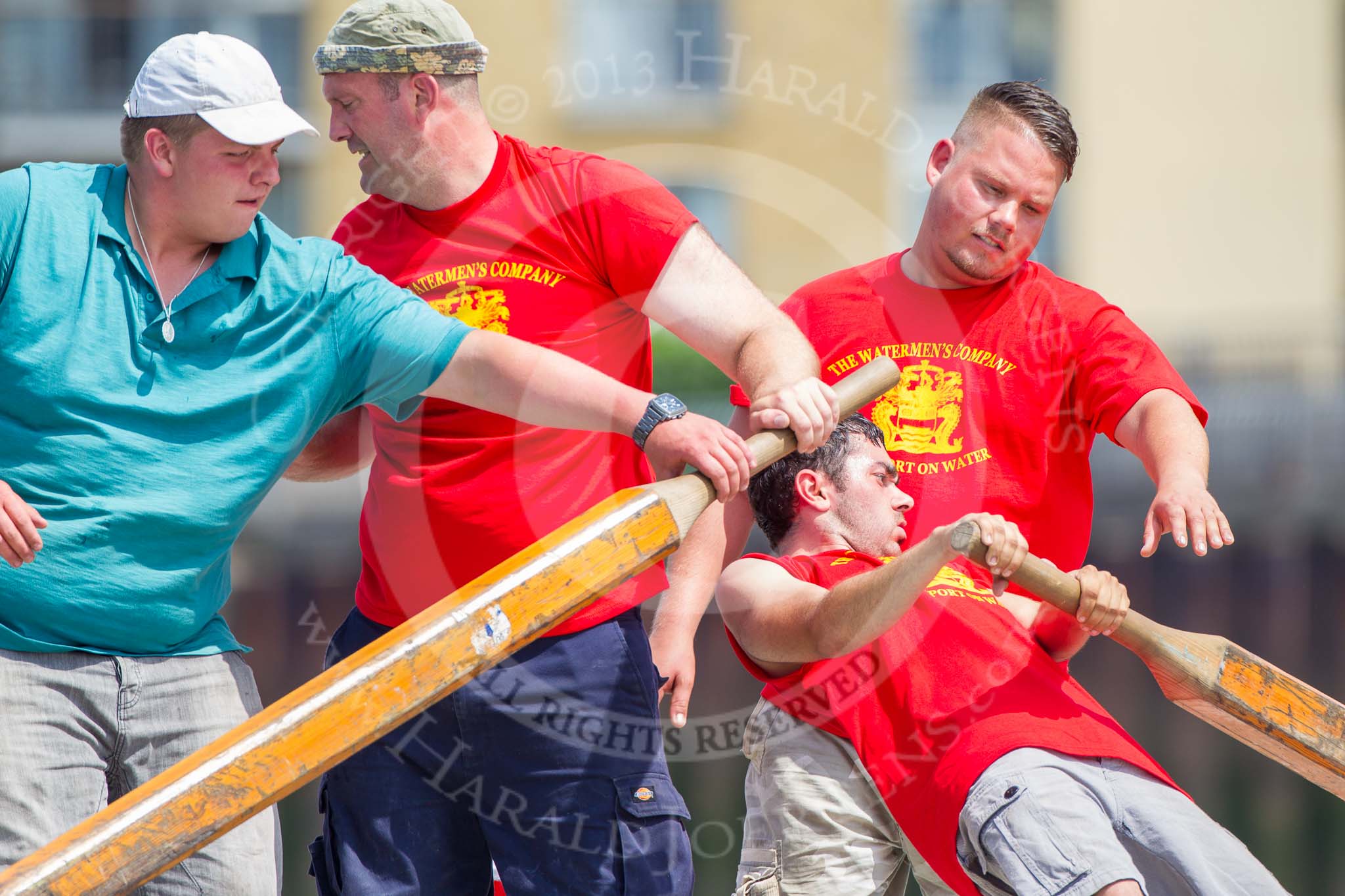 TOW River Thames Barge Driving Race 2013: Rowers on board of barge "Steve Faldo", by Capital Pleasure Boats..
River Thames between Greenwich and Westminster,
London,

United Kingdom,
on 13 July 2013 at 12:56, image #244