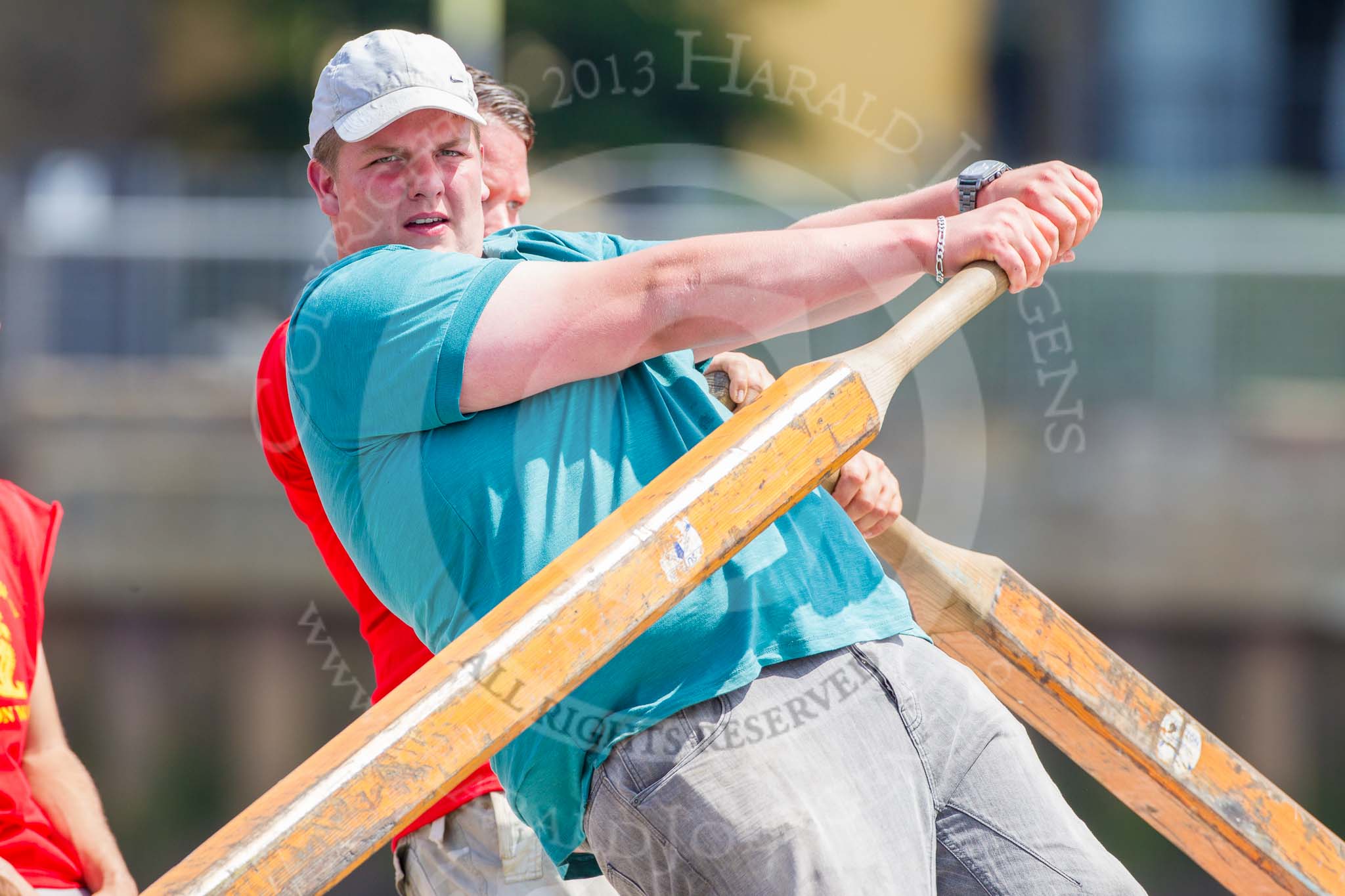 TOW River Thames Barge Driving Race 2013: Rowers on board of barge "Steve Faldo", by Capital Pleasure Boats..
River Thames between Greenwich and Westminster,
London,

United Kingdom,
on 13 July 2013 at 12:56, image #246