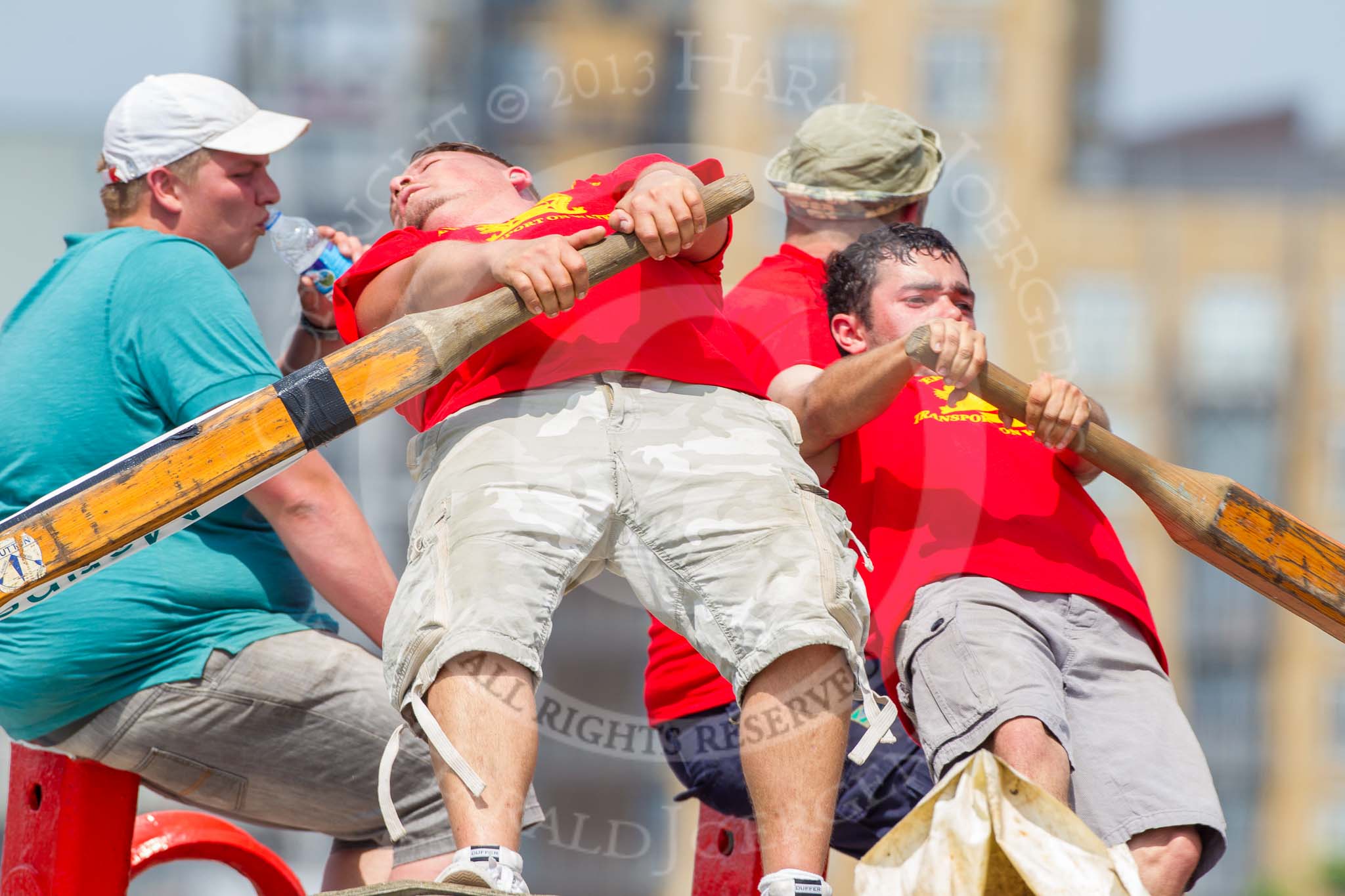 TOW River Thames Barge Driving Race 2013: Rowers on board of barge "Steve Faldo", by Capital Pleasure Boats..
River Thames between Greenwich and Westminster,
London,

United Kingdom,
on 13 July 2013 at 13:02, image #265