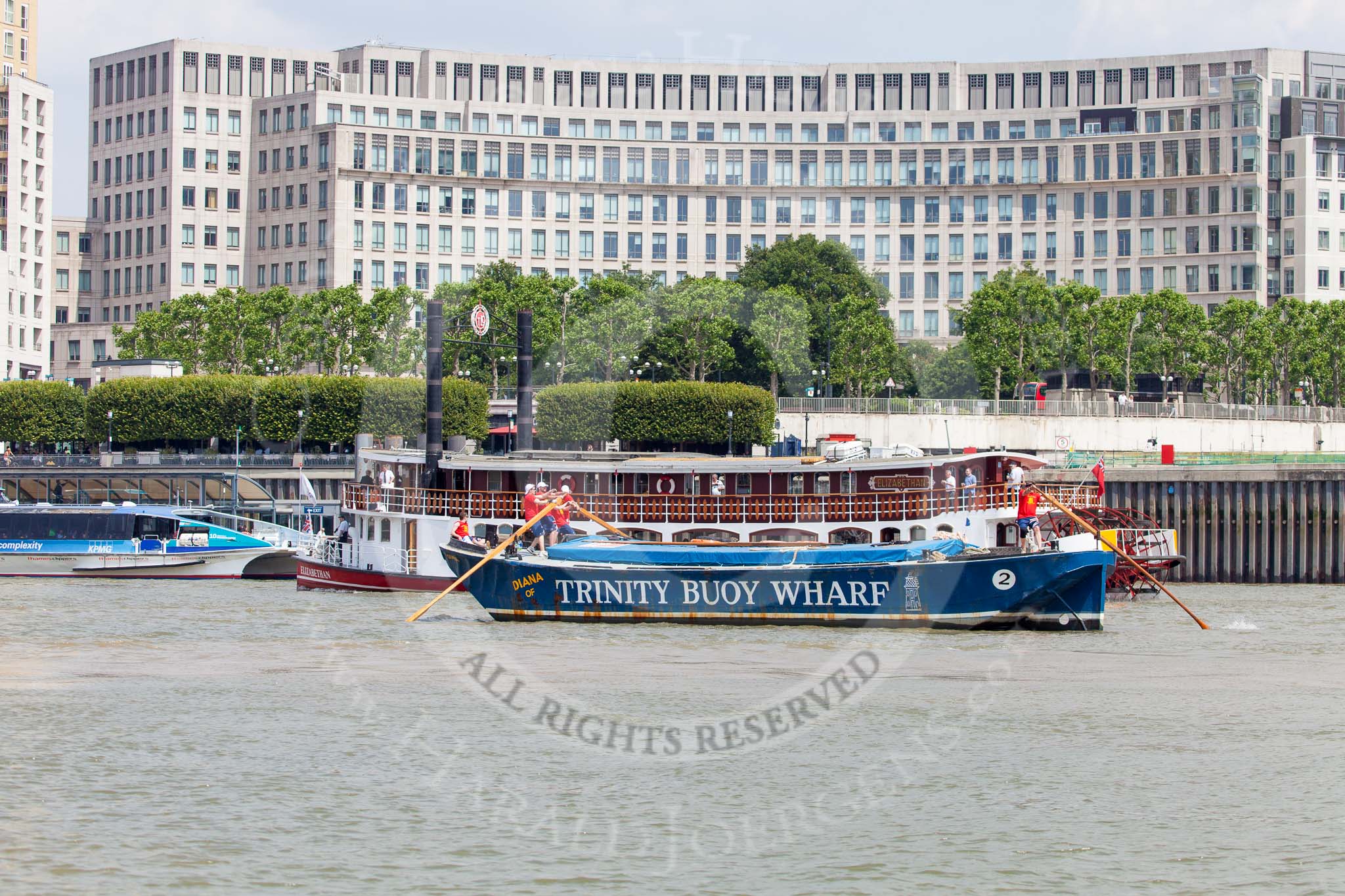 TOW River Thames Barge Driving Race 2013: Barge "Diana", by Trinity Buoy Wharf, at Canary Wharf Pier..
River Thames between Greenwich and Westminster,
London,

United Kingdom,
on 13 July 2013 at 13:04, image #269