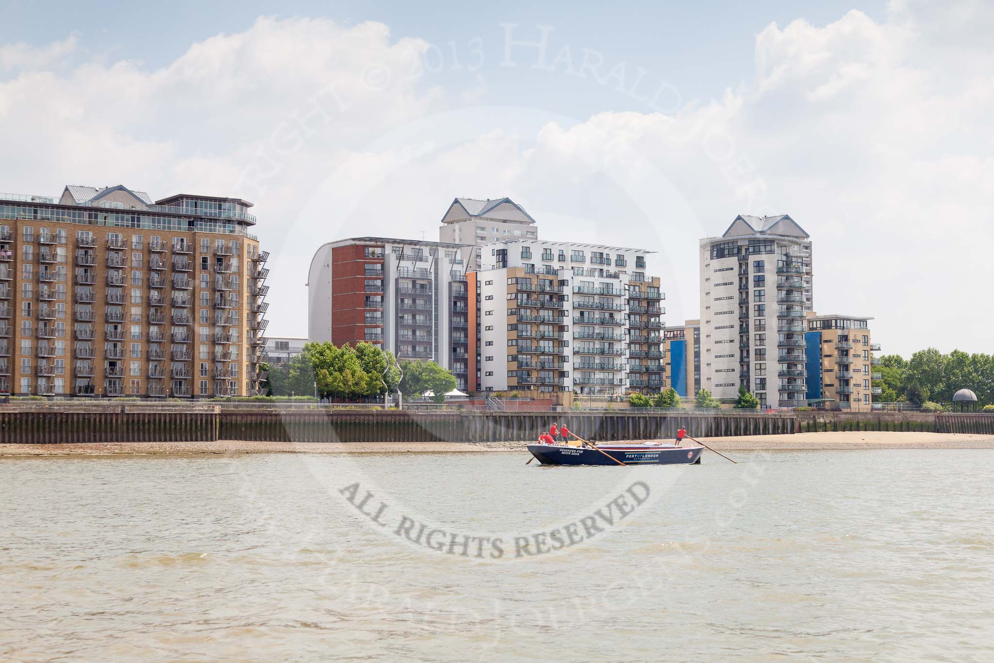 TOW River Thames Barge Driving Race 2013: Barge "Blackwall", by the Port of London Authority, in front of builings at the Thames Path..
River Thames between Greenwich and Westminster,
London,

United Kingdom,
on 13 July 2013 at 13:06, image #270