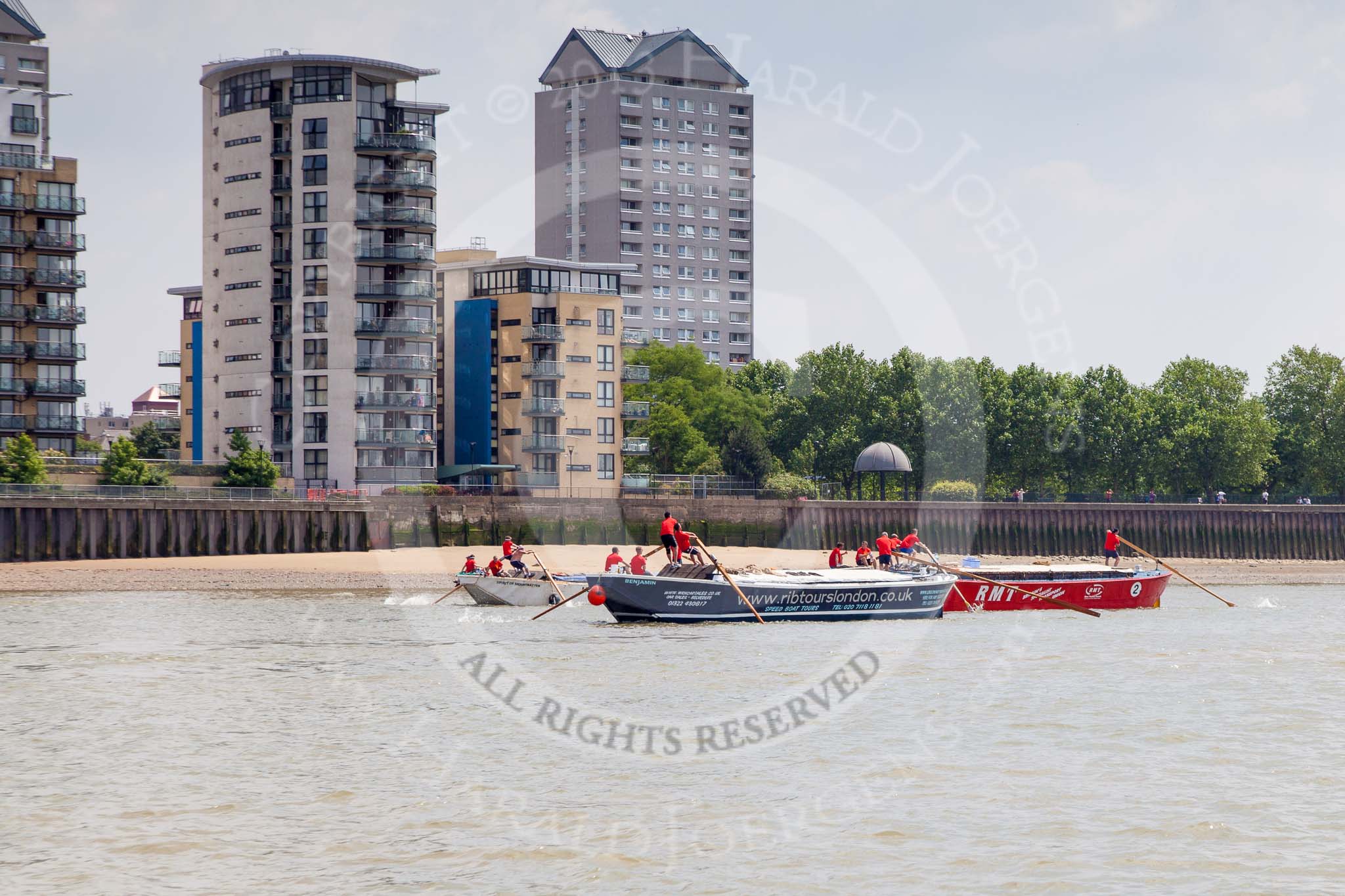 TOW River Thames Barge Driving Race 2013: Barge "Spirit of Mountabatten", by Mechanical Movements and Enabling Services Ltd, followed by barge "Jane", by the RMT Union. In front barge "Benjamin", by London Party Boats..
River Thames between Greenwich and Westminster,
London,

United Kingdom,
on 13 July 2013 at 13:06, image #274