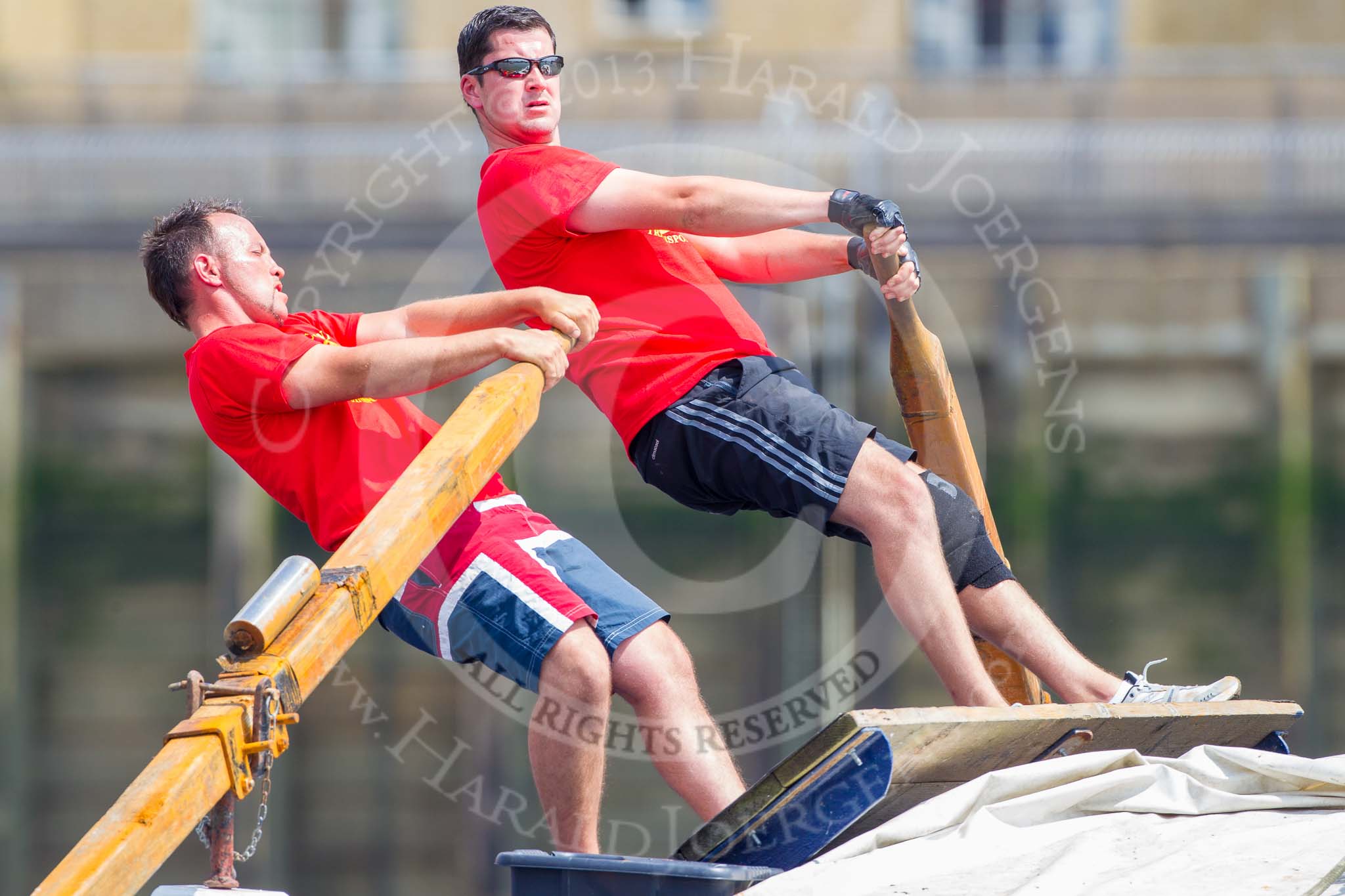 TOW River Thames Barge Driving Race 2013: Rowers on barge "Diana", by Trinity Buoy Wharf..
River Thames between Greenwich and Westminster,
London,

United Kingdom,
on 13 July 2013 at 13:08, image #278
