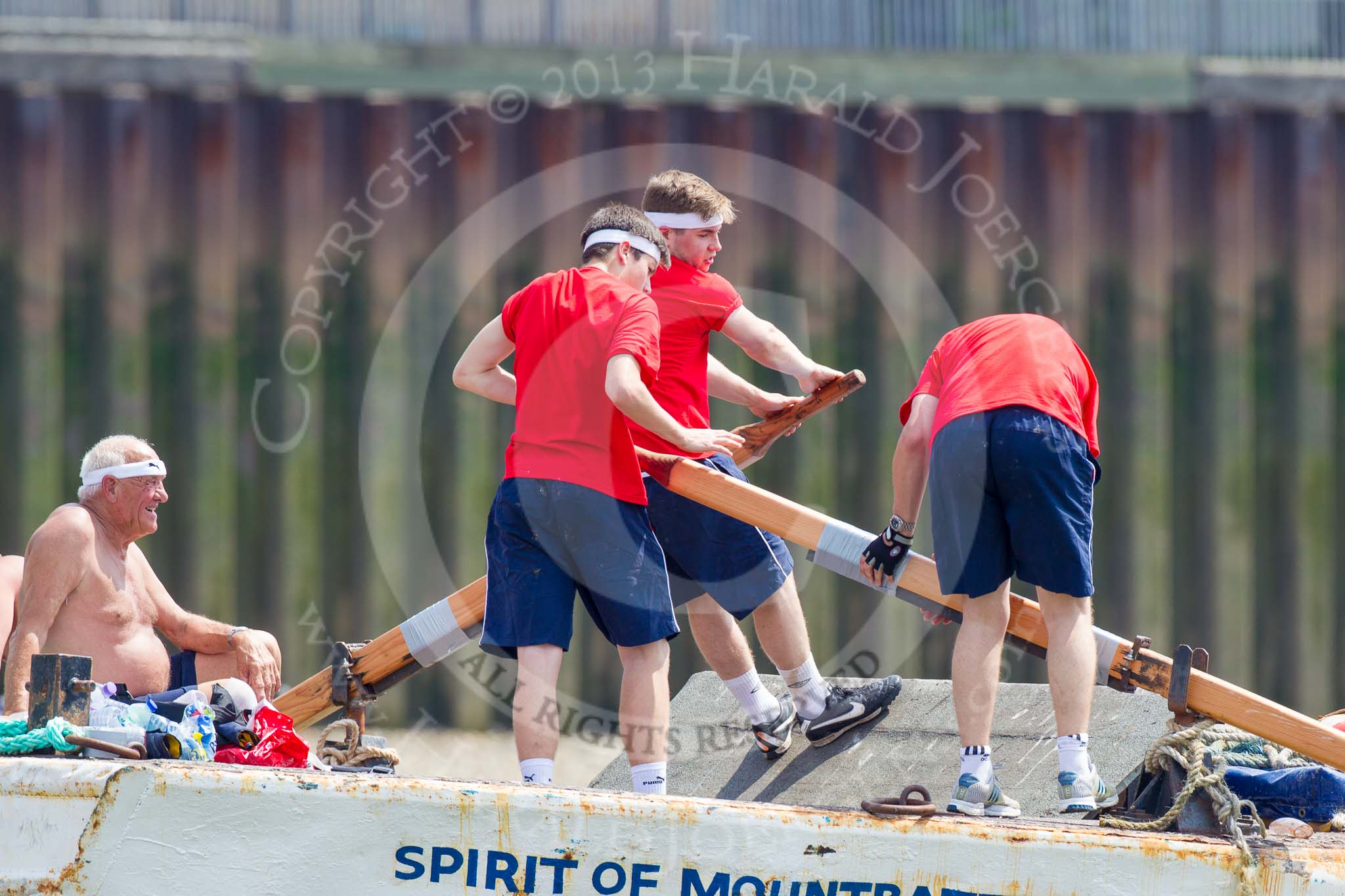 TOW River Thames Barge Driving Race 2013: Crew on board of barge "Spirit of Mountabatten", by Mechanical Movements and Enabling Services Ltd..
River Thames between Greenwich and Westminster,
London,

United Kingdom,
on 13 July 2013 at 13:08, image #280