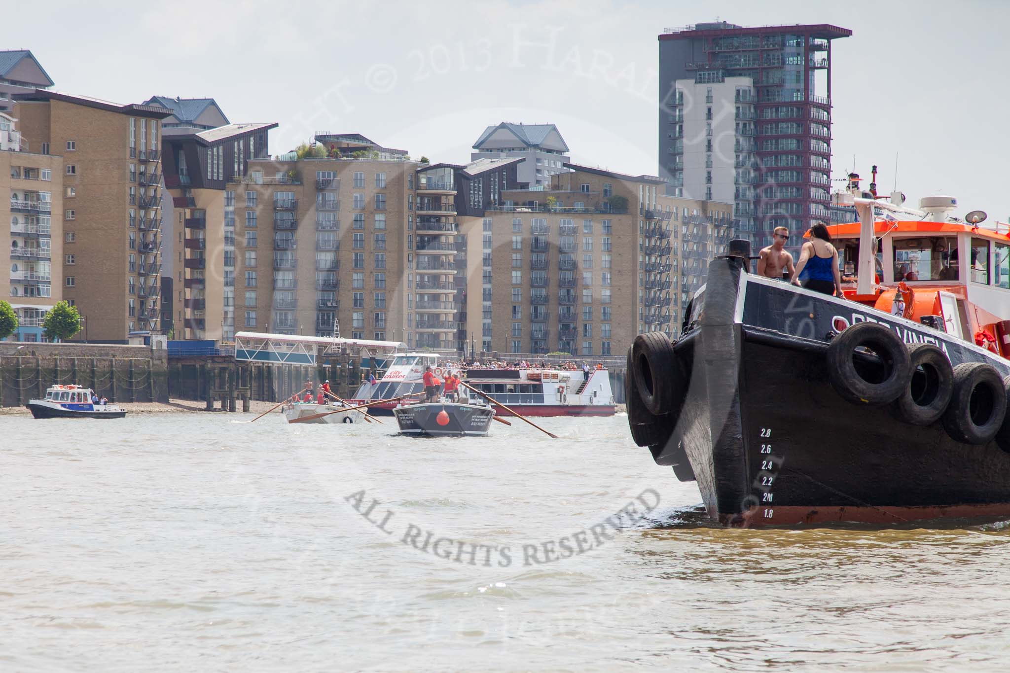 TOW River Thames Barge Driving Race 2013: Barge "Benjamin", by London Party Boats, followed by barge "Spirit of Mountabatten", by Mechanical Movements and Enabling Services Ltd. On the right GPS Marine tug "GPS Vincia"..
River Thames between Greenwich and Westminster,
London,

United Kingdom,
on 13 July 2013 at 13:11, image #286