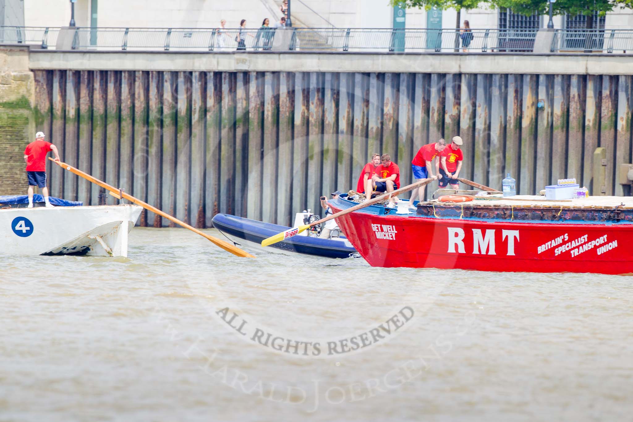 TOW River Thames Barge Driving Race 2013: Barge "Spirit of Mountabatten", by Mechanical Movements and Enabling Services Ltd, followed by barge "Jane", by the RMT Union..
River Thames between Greenwich and Westminster,
London,

United Kingdom,
on 13 July 2013 at 13:13, image #292