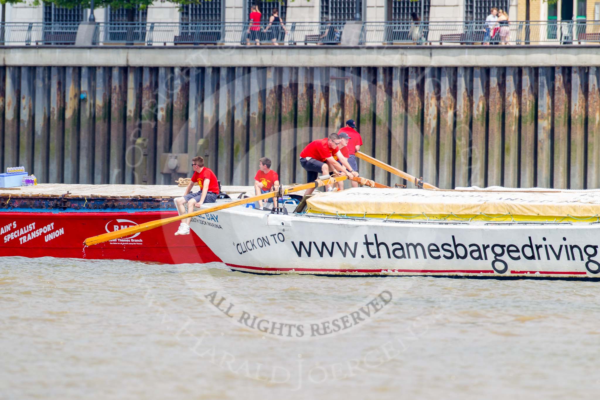 TOW River Thames Barge Driving Race 2013: Barge "Jane", by the RMT Union, followed by barge "Shell Bay" by South Dock Marina..
River Thames between Greenwich and Westminster,
London,

United Kingdom,
on 13 July 2013 at 13:13, image #293