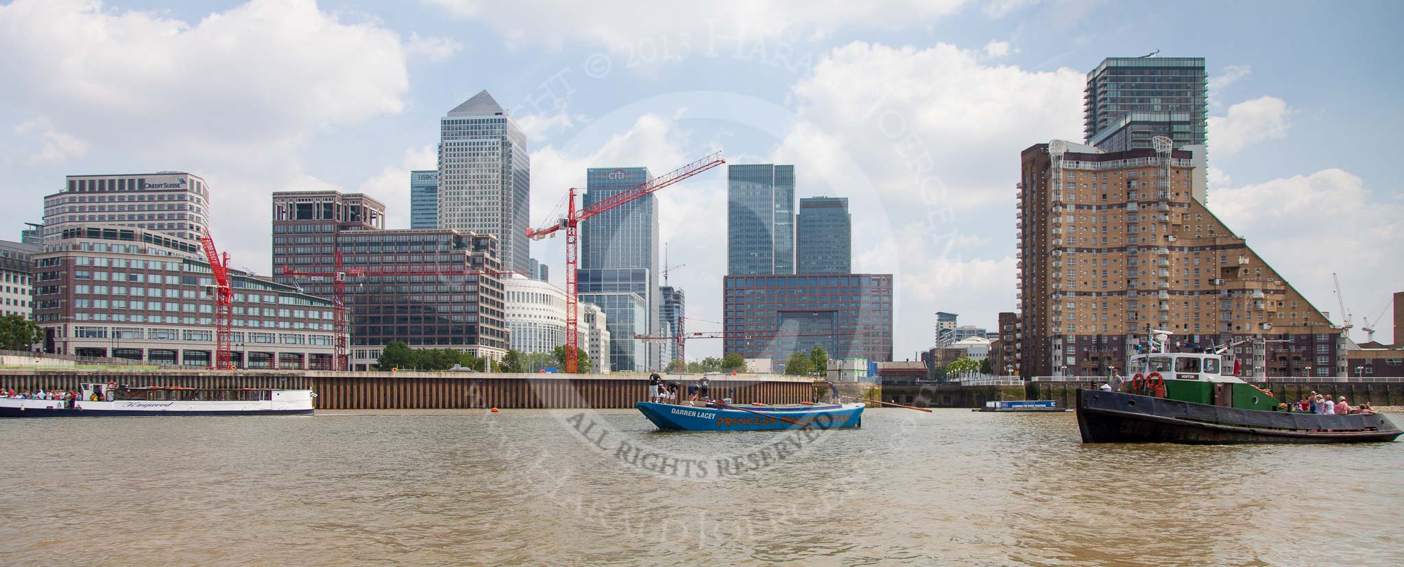 TOW River Thames Barge Driving Race 2013: Barge "Darren Lacey", by Princess Pocahontas, followed by tug "Horton", in front of the skyscrapers at Canary Wharf..
River Thames between Greenwich and Westminster,
London,

United Kingdom,
on 13 July 2013 at 13:14, image #295