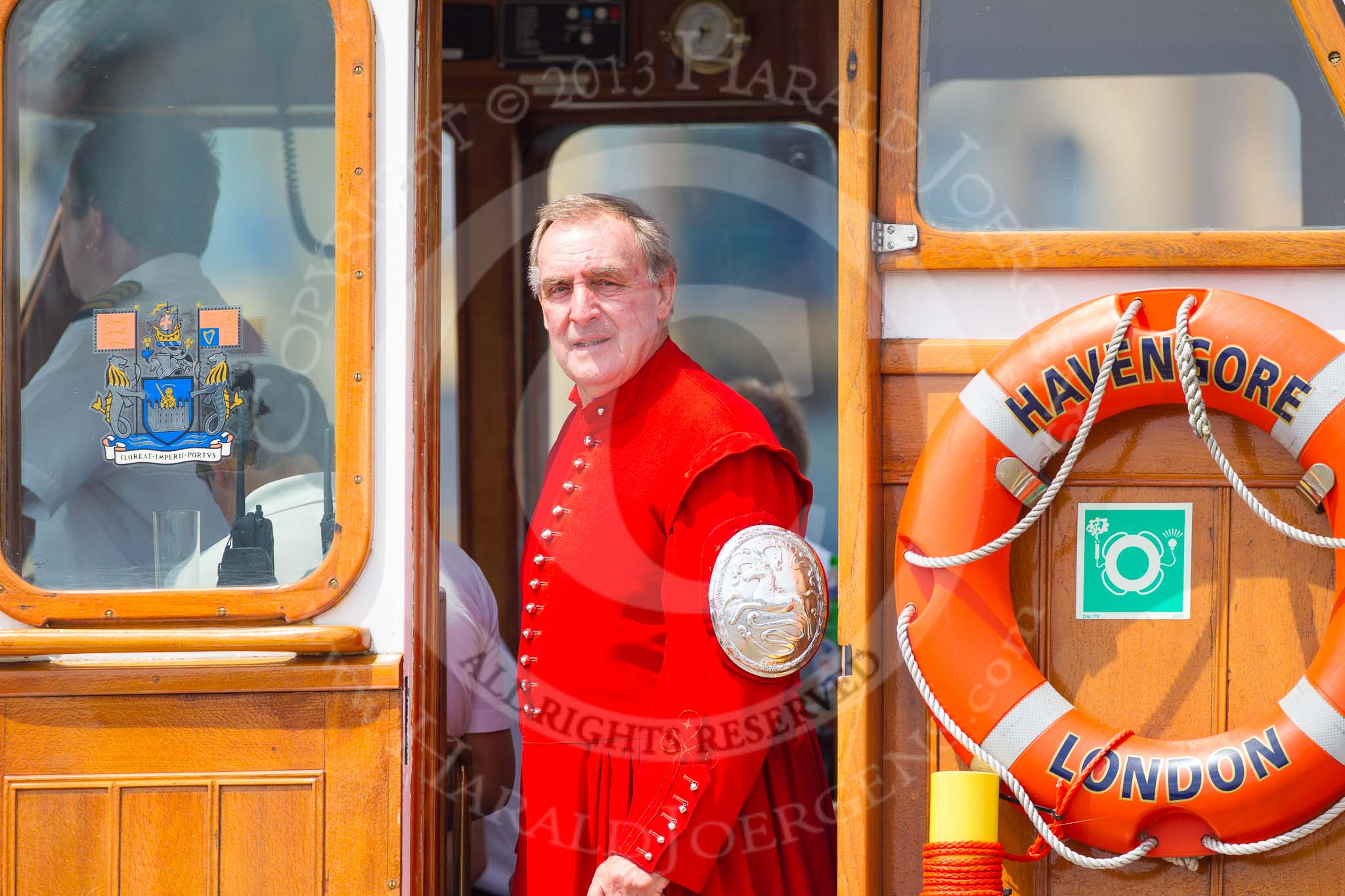 TOW River Thames Barge Driving Race 2013: David Gordon, former Master of Watermen's Company, on board of the VIP boat "MV Havengore"..
River Thames between Greenwich and Westminster,
London,

United Kingdom,
on 13 July 2013 at 13:26, image #339